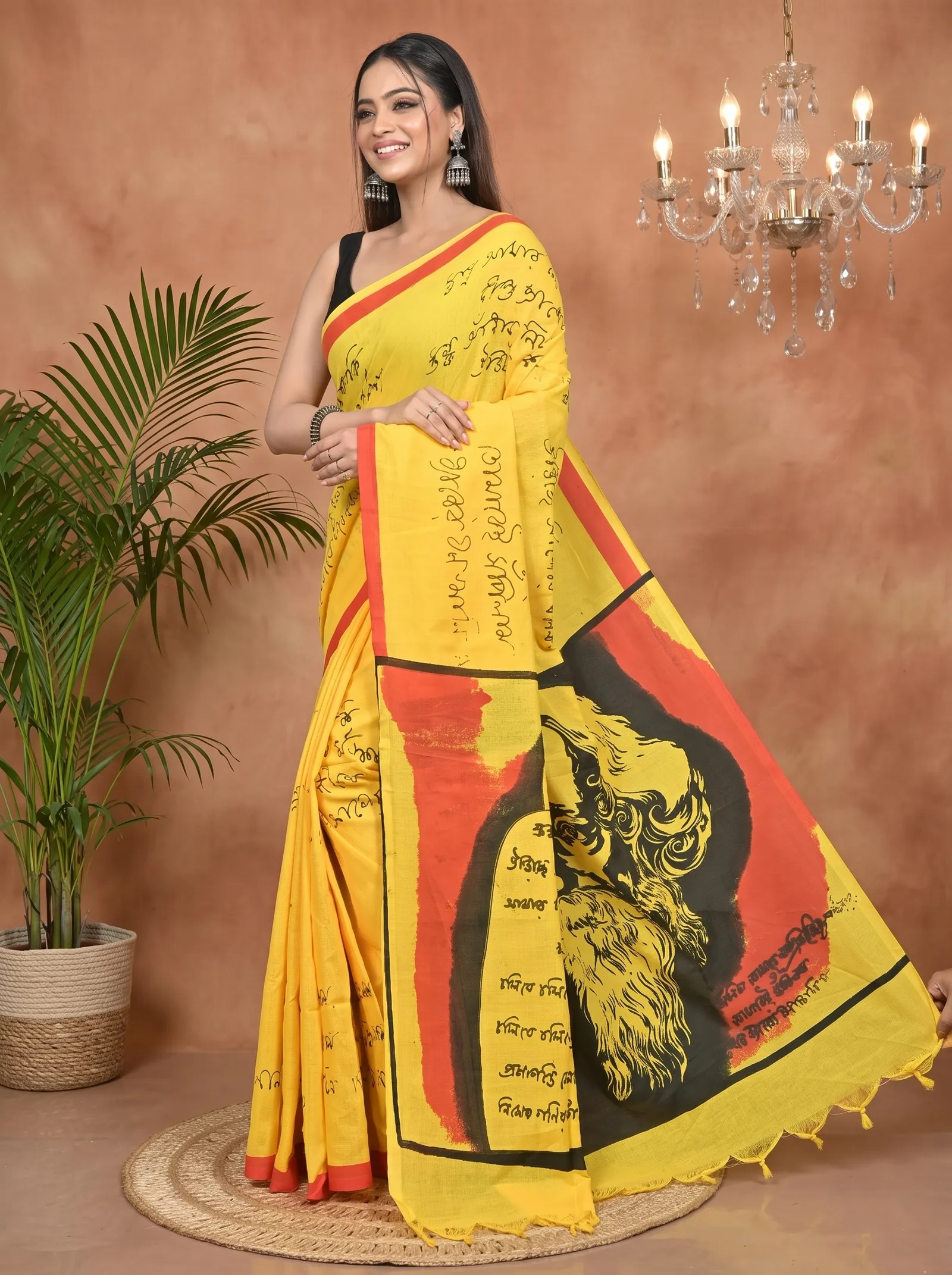 DipDiya Pure Cotton Yellow Nopa Traditional Bengali Printed Handloom Sarees