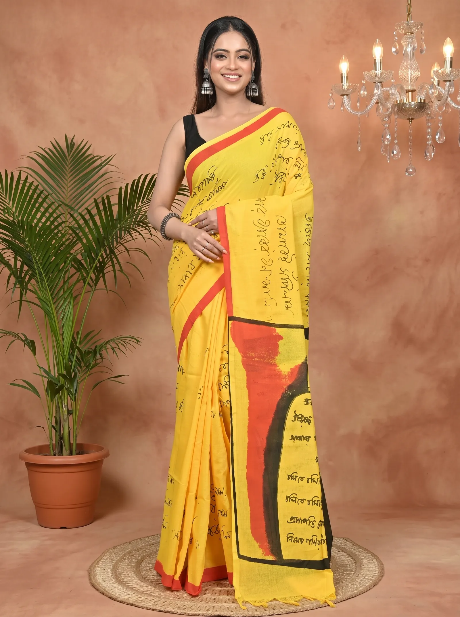 DipDiya Pure Cotton Yellow Nopa Traditional Bengali Printed Handloom Sarees
