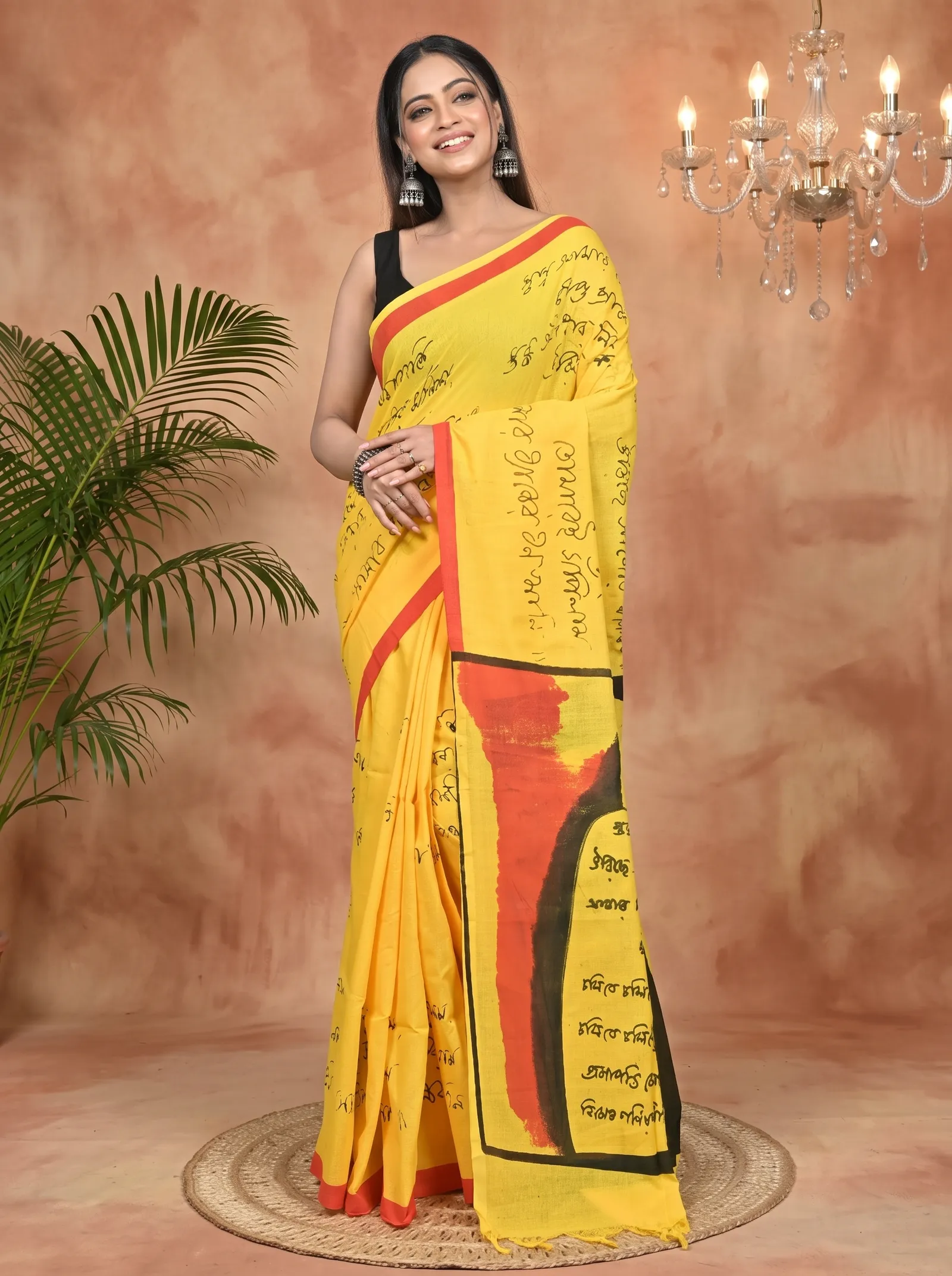 DipDiya Pure Cotton Yellow Nopa Traditional Bengali Printed Handloom Sarees