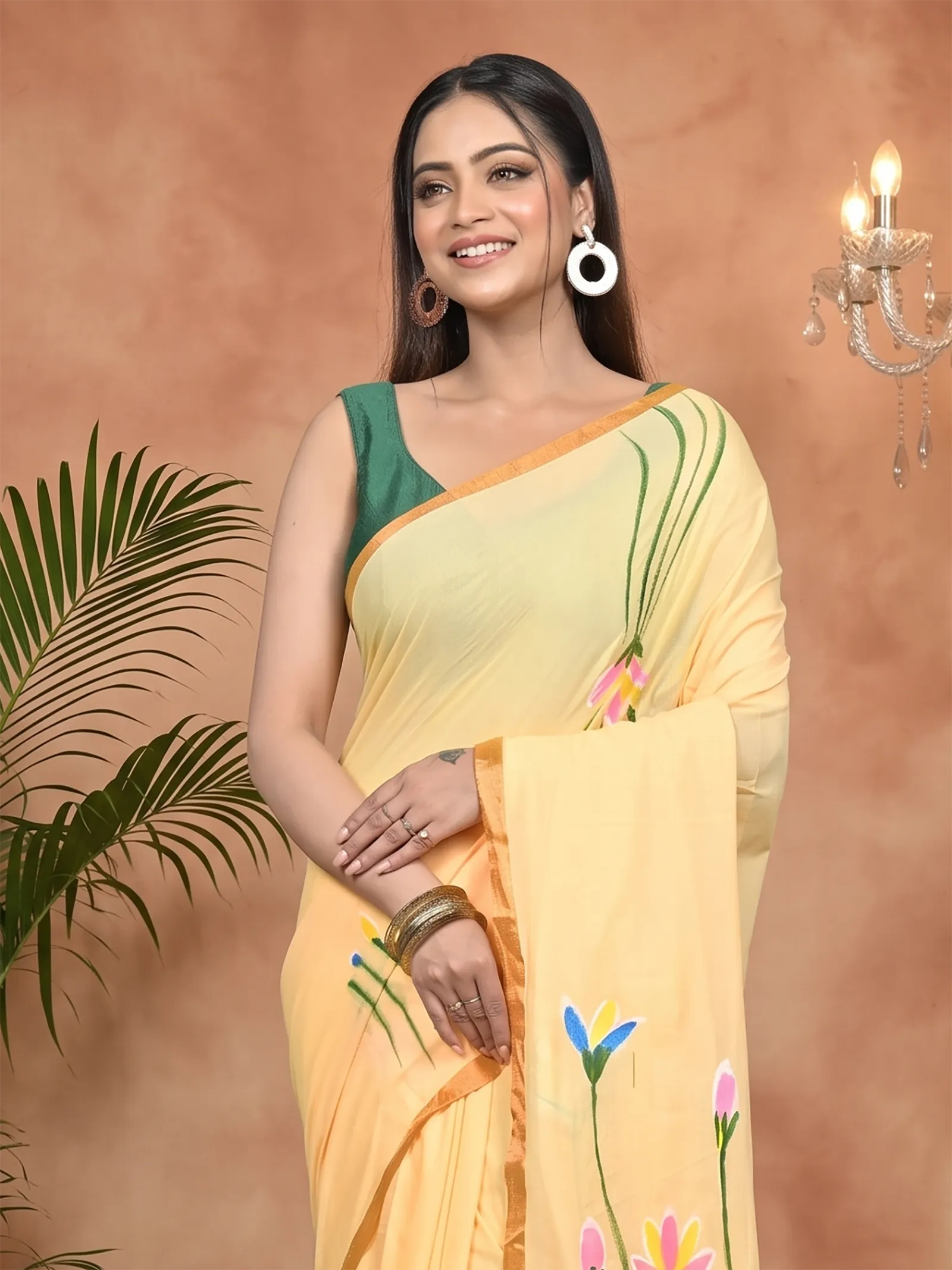DipDiya Pure Cotton Yellow Norah Elegance in Every Weave Hand Painted Sarees