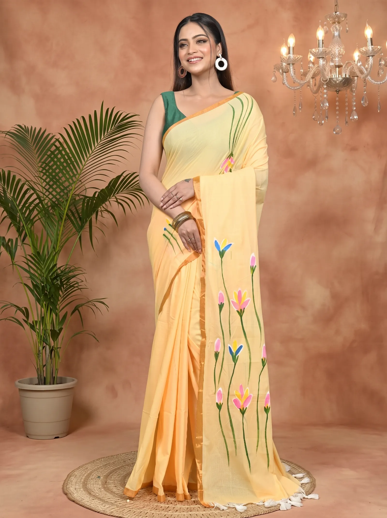 DipDiya Pure Cotton Yellow Norah Elegance in Every Weave Hand Painted Sarees