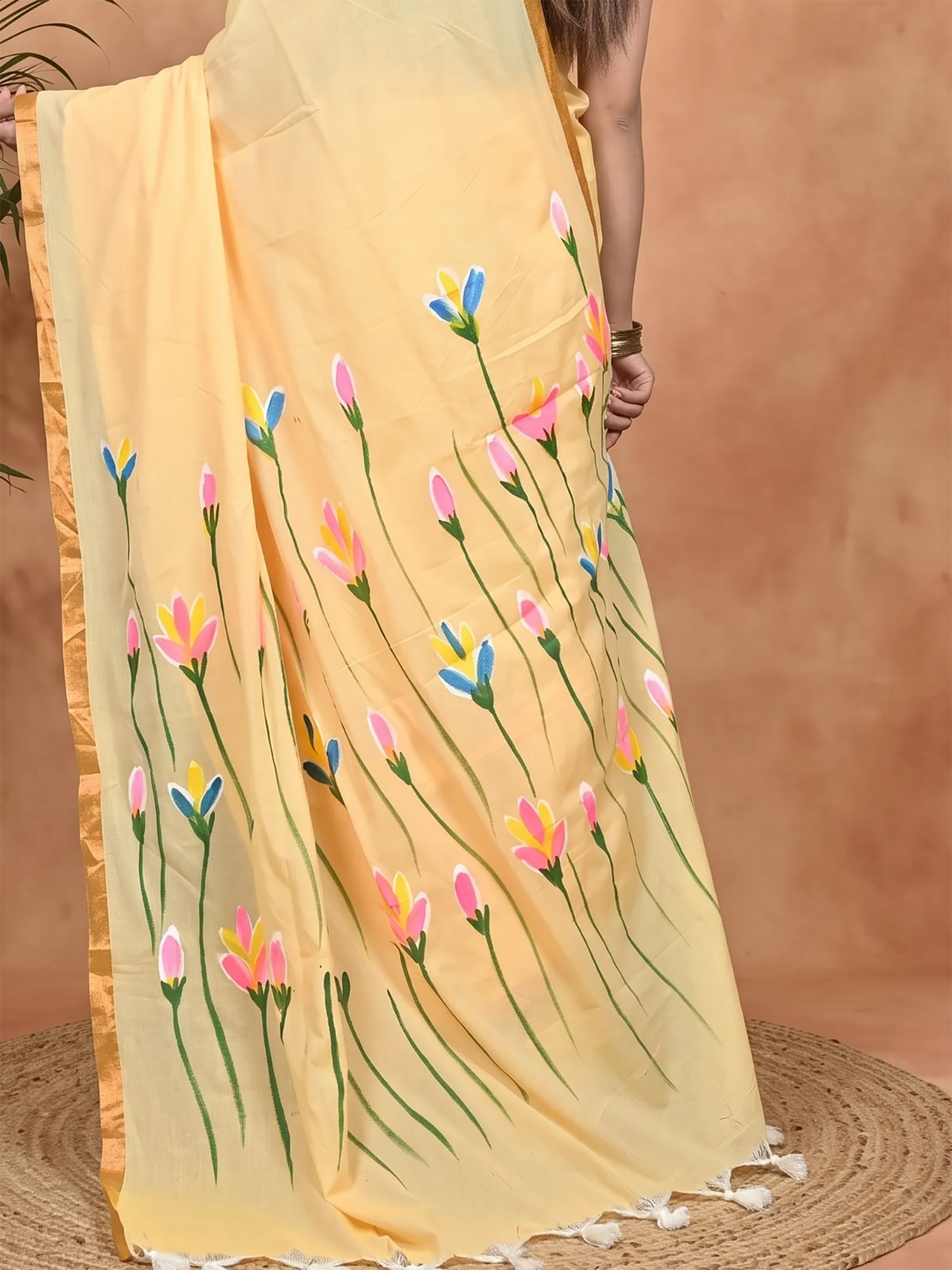 DipDiya Pure Cotton Yellow Norah Elegance in Every Weave Hand Painted Sarees