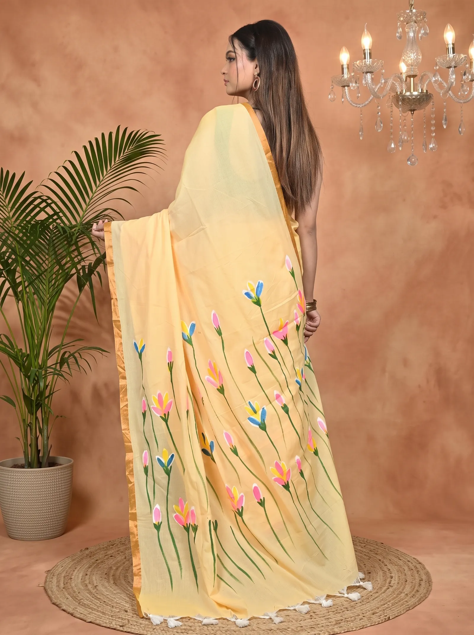 DipDiya Pure Cotton Yellow Norah Elegance in Every Weave Hand Painted Sarees