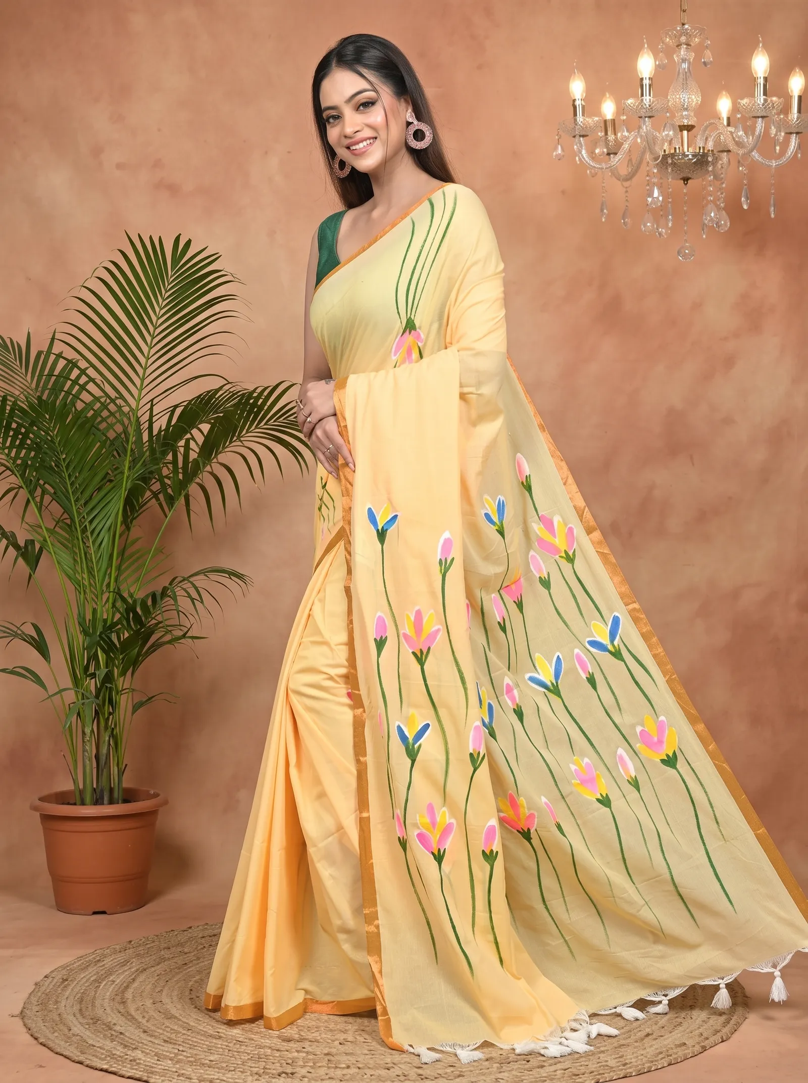 DipDiya Pure Cotton Yellow Norah Elegance in Every Weave Hand Painted Sarees