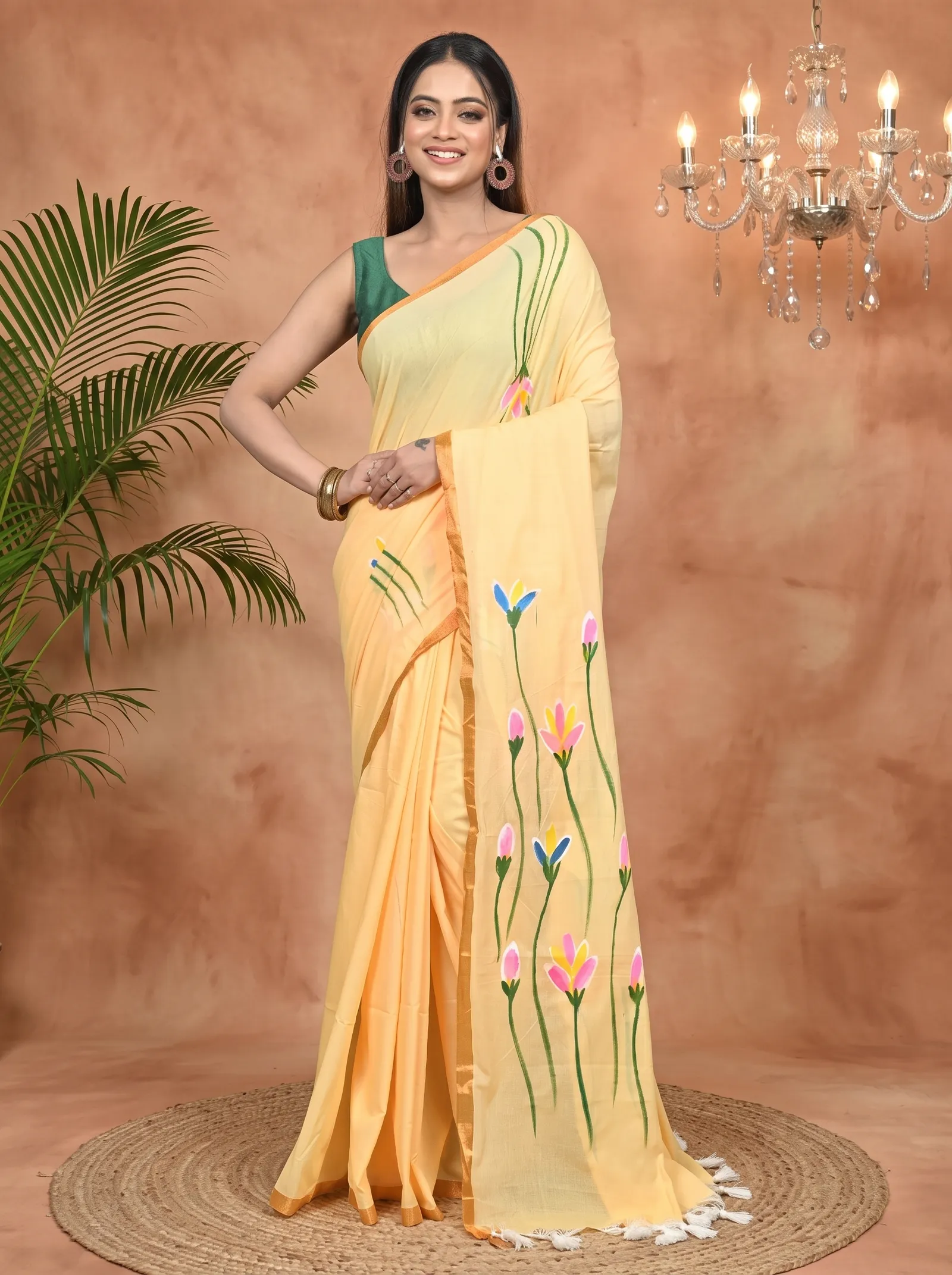 DipDiya Pure Cotton Yellow Norah Elegance in Every Weave Hand Painted Sarees