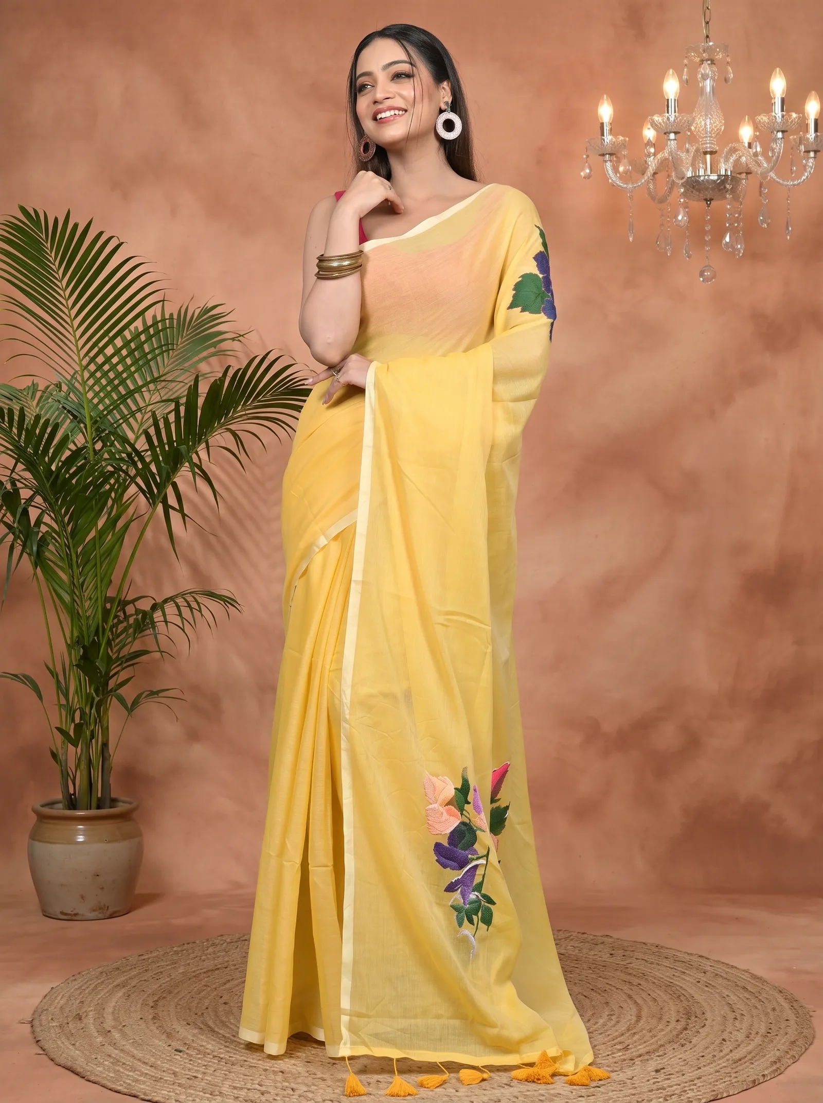 DipDiya Pure Cotton Yellow Norika Grace of Bengal Hand Painted Sarees