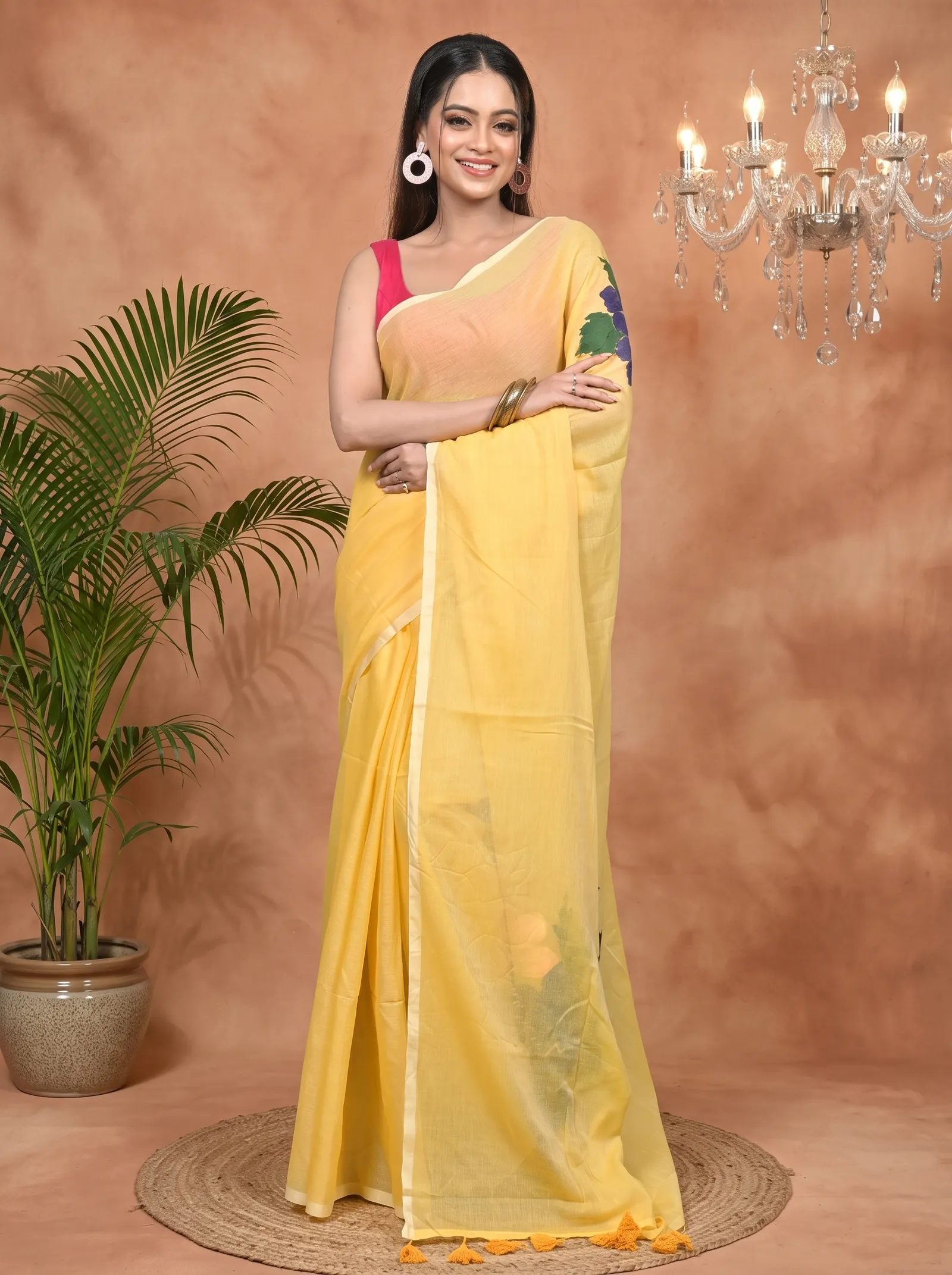 DipDiya Pure Cotton Yellow Norika Grace of Bengal Hand Painted Sarees