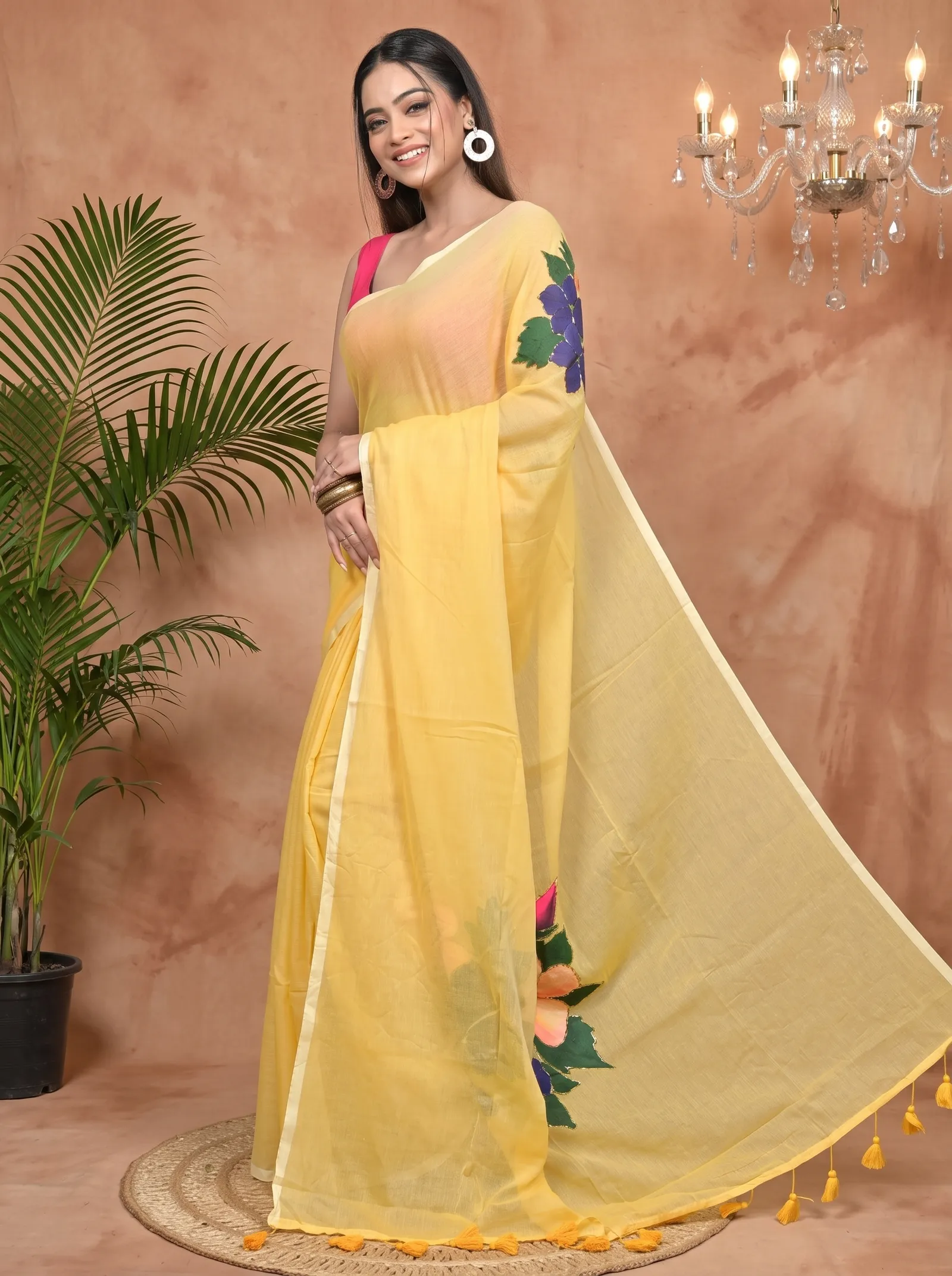 DipDiya Pure Cotton Yellow Norika Grace of Bengal Hand Painted Sarees