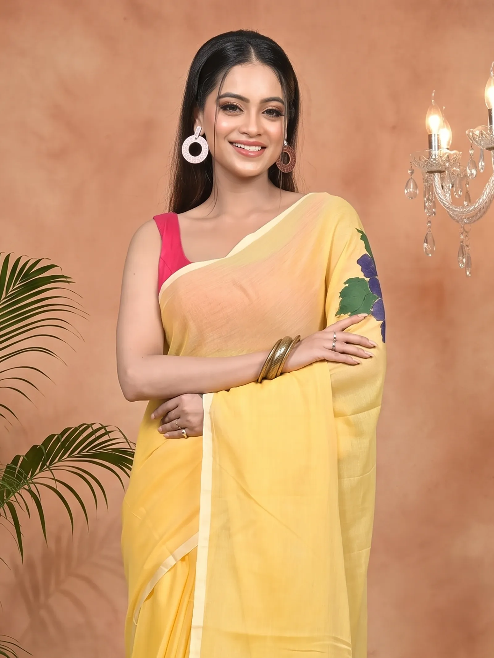 DipDiya Pure Cotton Yellow Norika Grace of Bengal Hand Painted Sarees