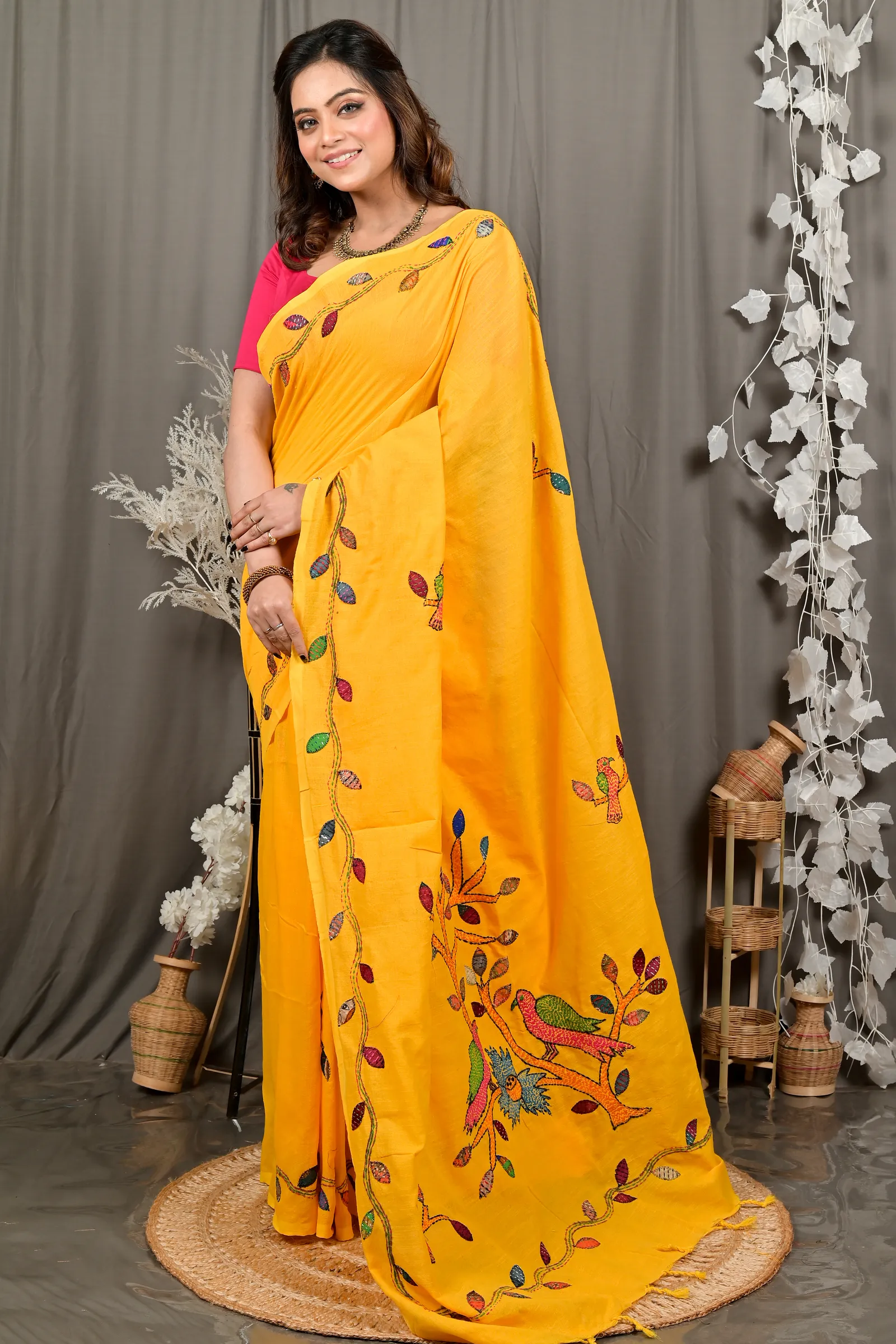 DipDiya Pure Cotton Yellow Pakhi Masterfully Woven Kantha Stitch Sarees