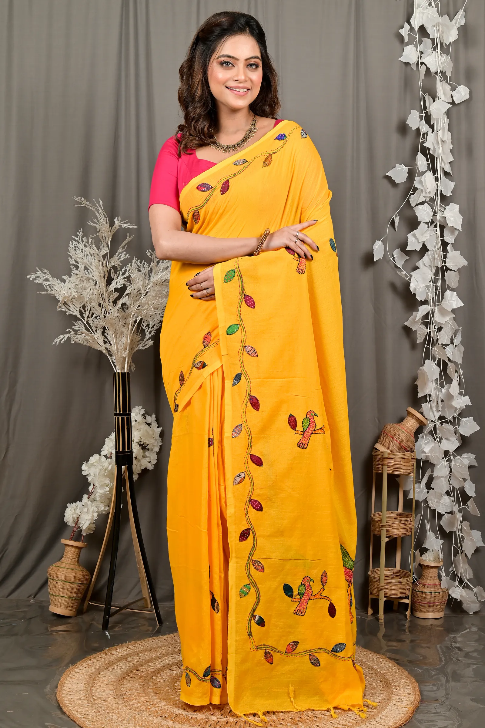 DipDiya Pure Cotton Yellow Pakhi Masterfully Woven Kantha Stitch Sarees