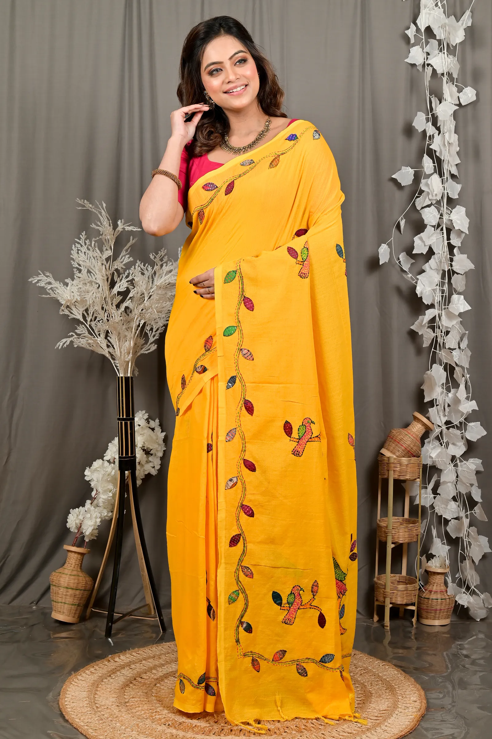 DipDiya Pure Cotton Yellow Pakhi Masterfully Woven Kantha Stitch Sarees