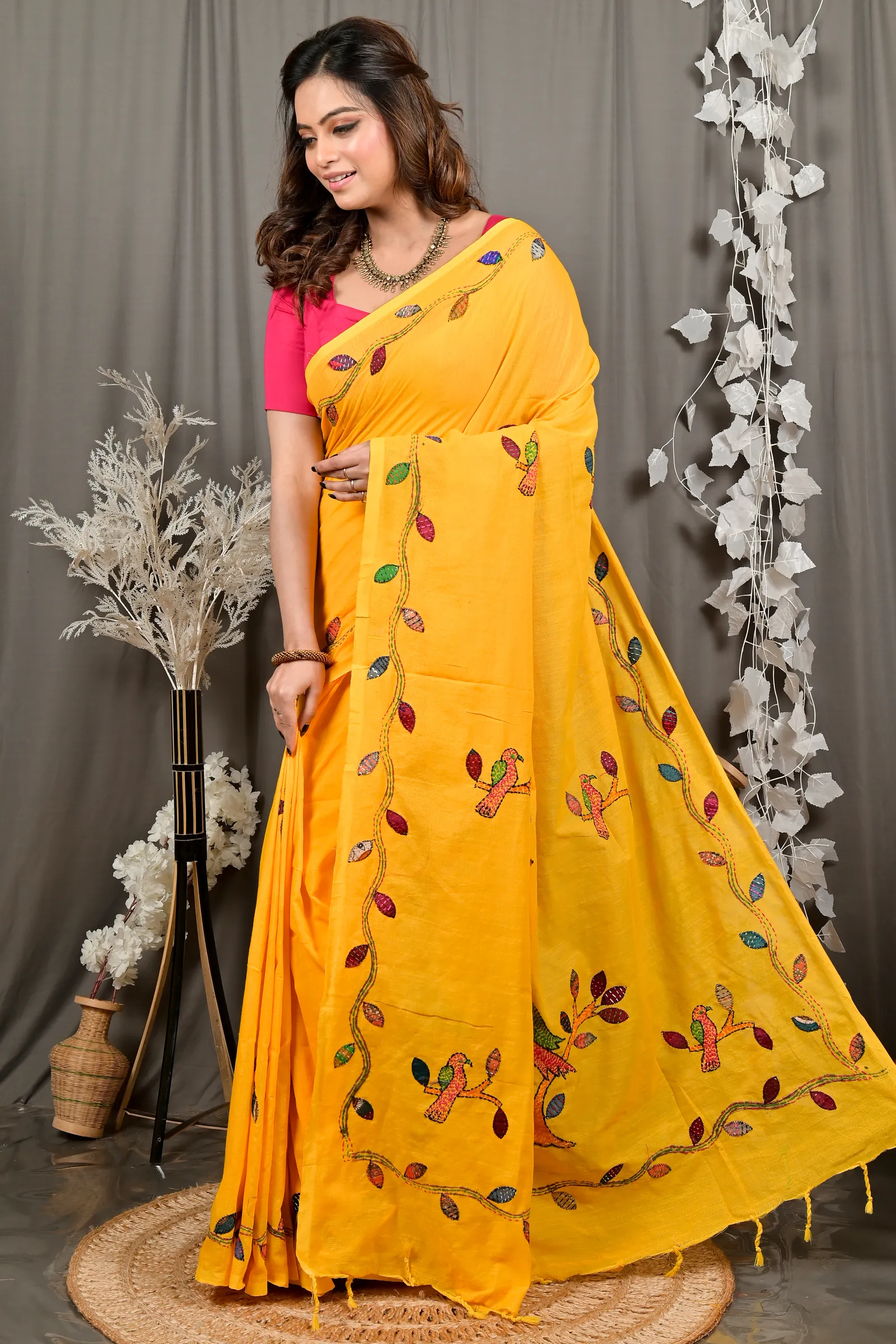 DipDiya Pure Cotton Yellow Pakhi Masterfully Woven Kantha Stitch Sarees