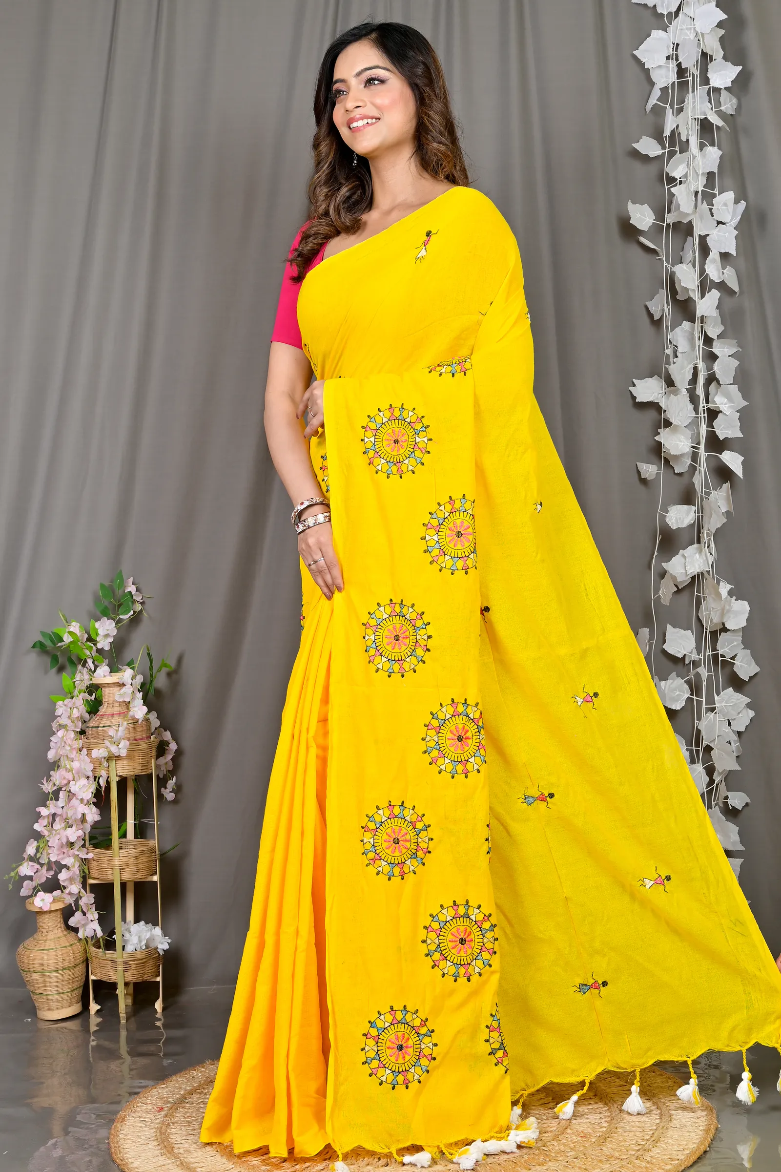 DipDiya Pure Cotton Yellow Parama Rooted in Bengal Embroidery Handloom sarees