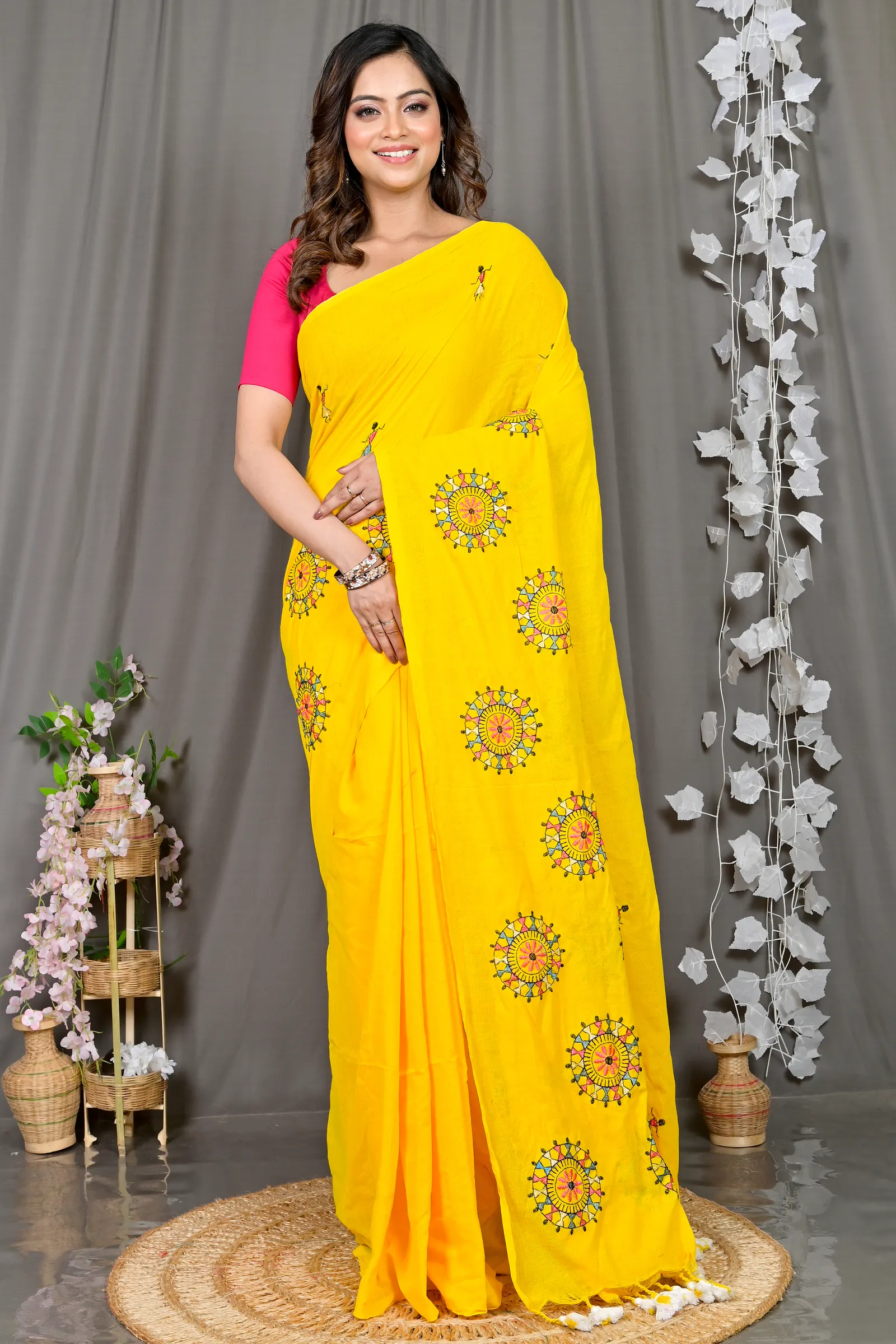 DipDiya Pure Cotton Yellow Parama Rooted in Bengal Embroidery Handloom sarees