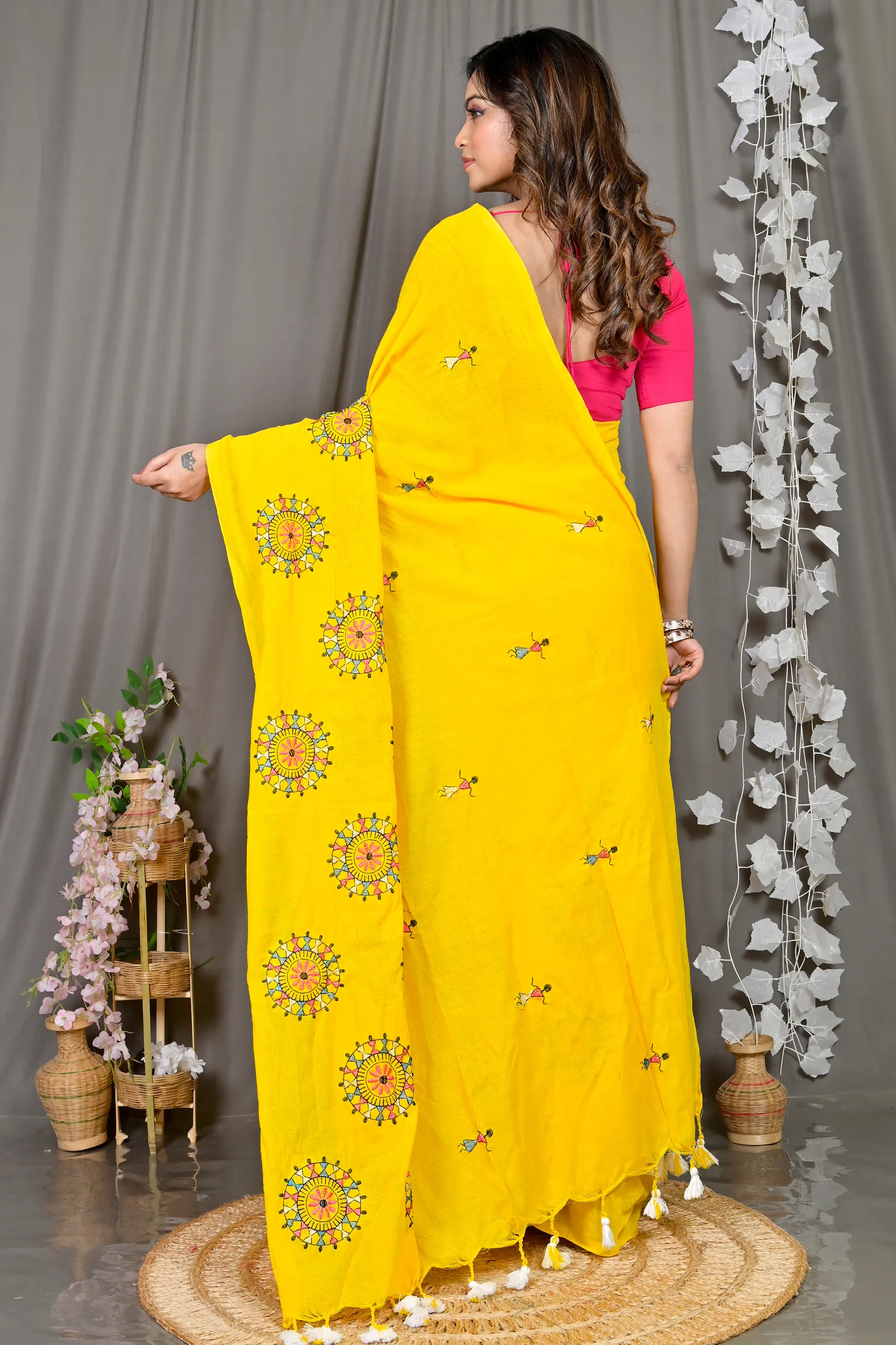 DipDiya Pure Cotton Yellow Parama Rooted in Bengal Embroidery Handloom sarees