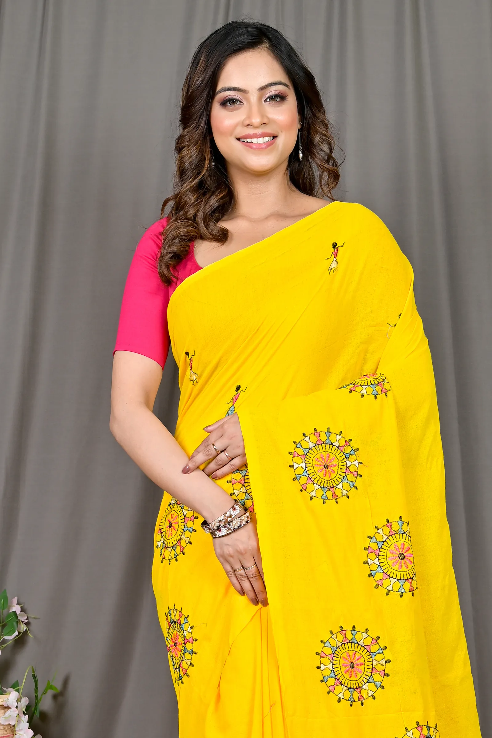 DipDiya Pure Cotton Yellow Parama Rooted in Bengal Embroidery Handloom sarees