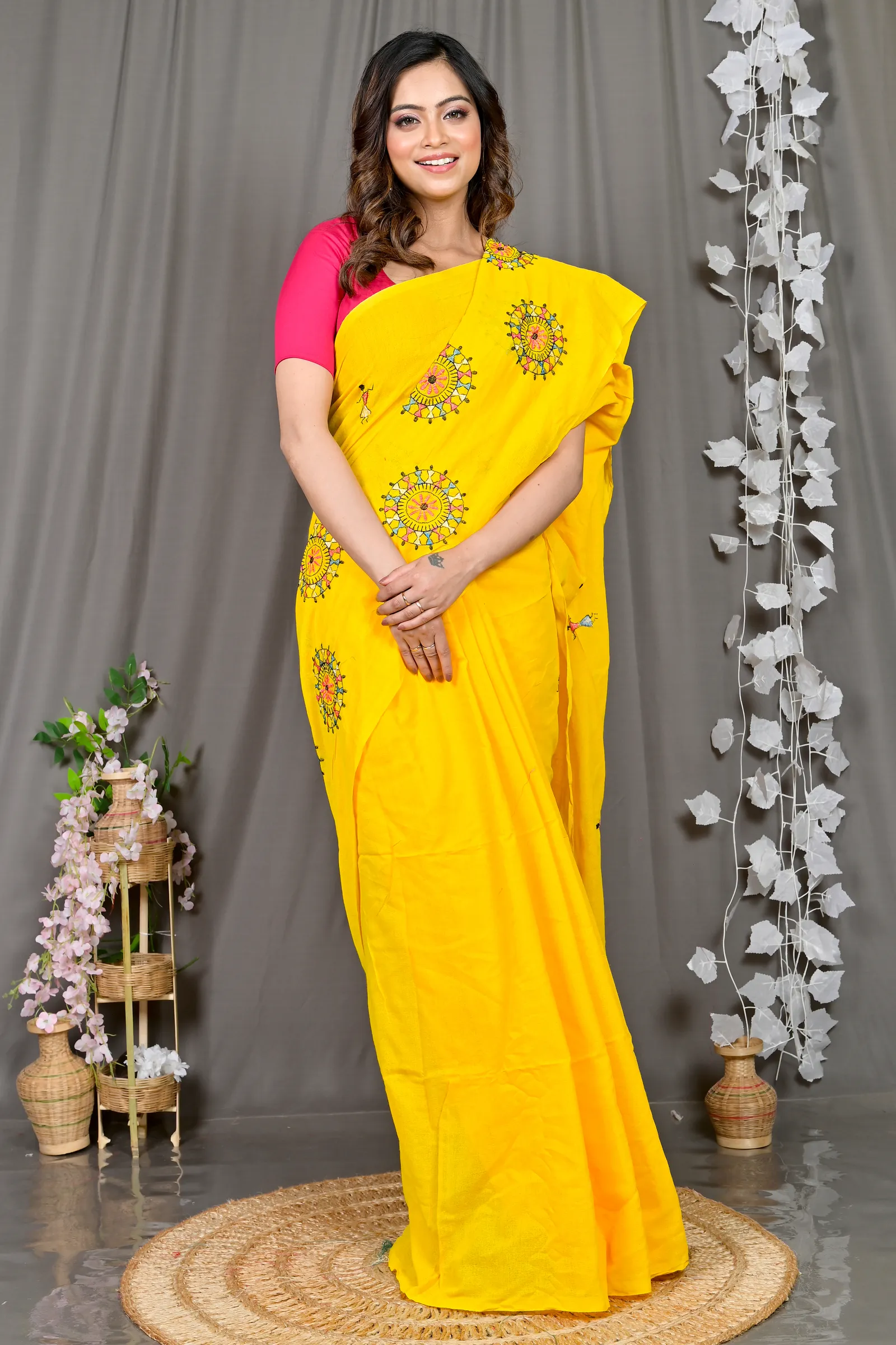 DipDiya Pure Cotton Yellow Parama Rooted in Bengal Embroidery Handloom sarees