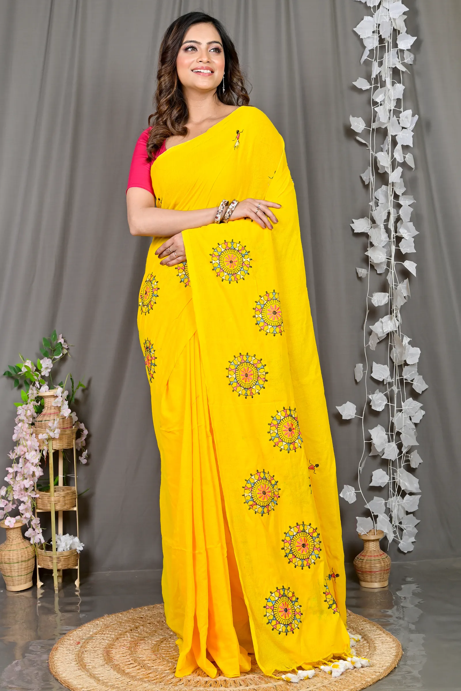 DipDiya Pure Cotton Yellow Parama Rooted in Bengal Embroidery Handloom sarees