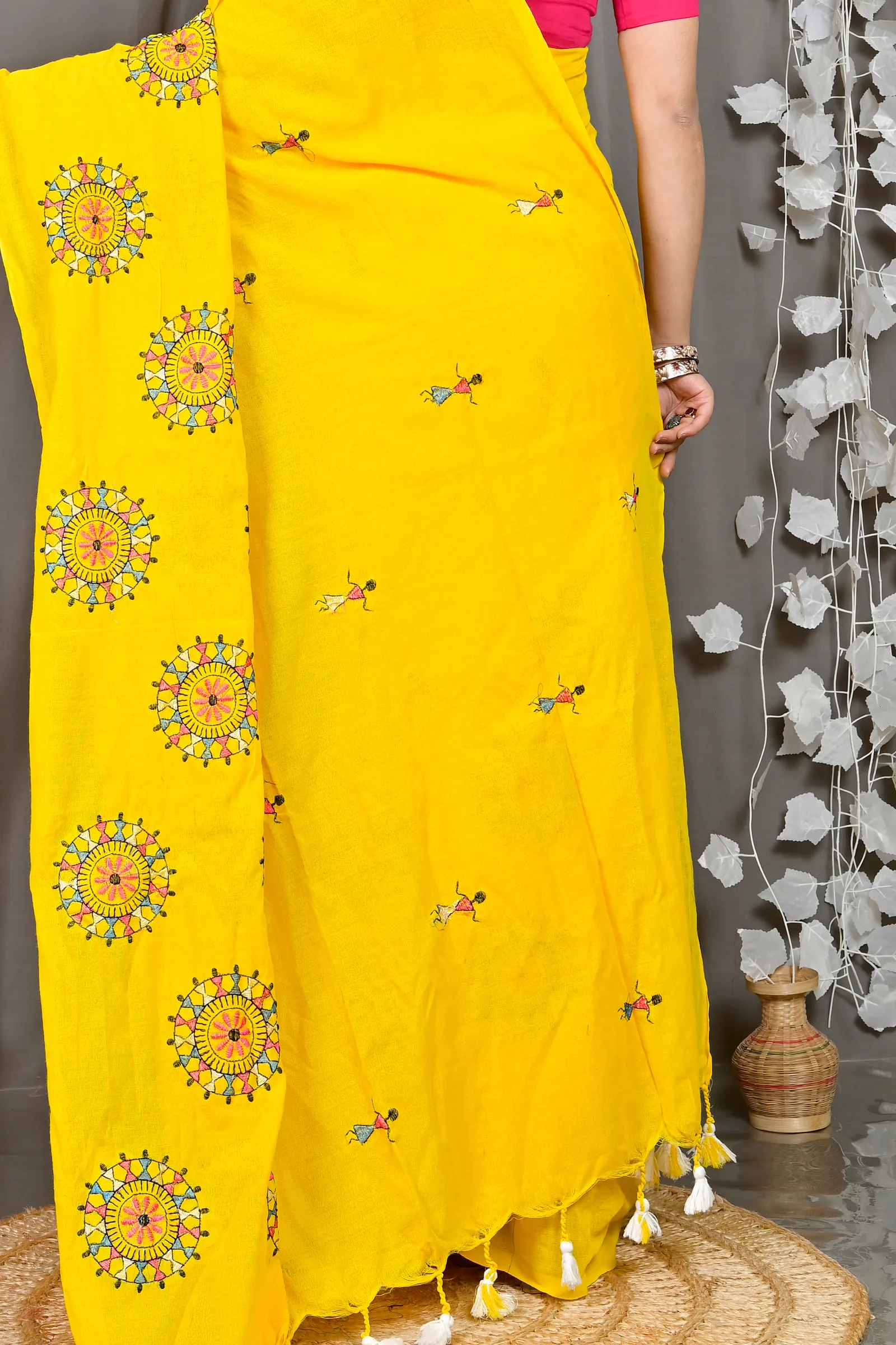 DipDiya Pure Cotton Yellow Parama Rooted in Bengal Embroidery Handloom sarees