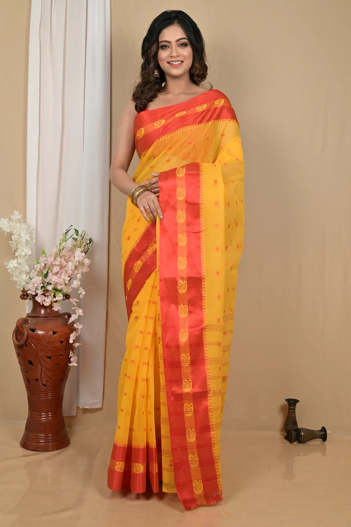 DipDiya Pure Cotton Yellow Red Achma Artisan Crafted Tant Sarees