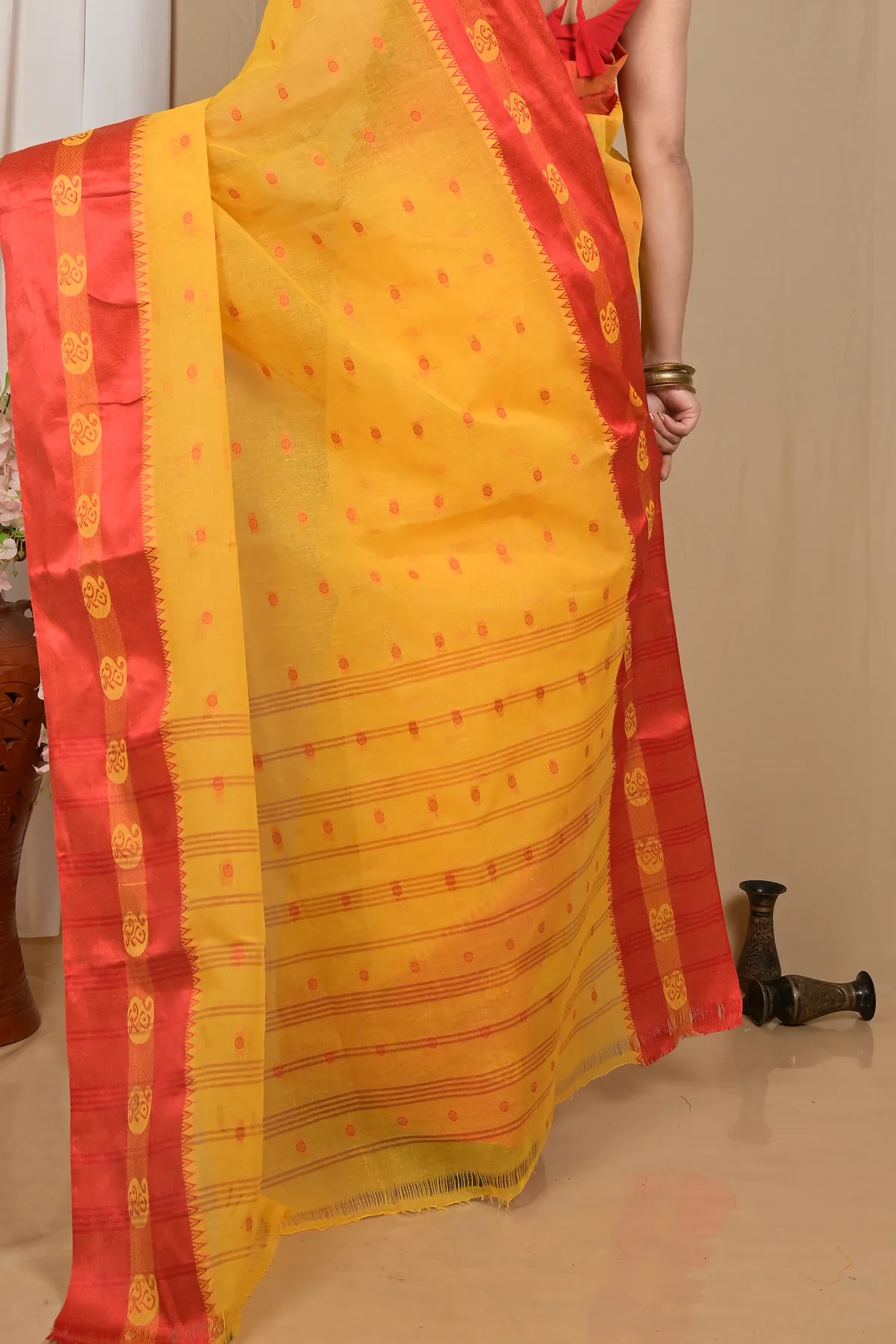 DipDiya Pure Cotton Yellow Red Achma Artisan Crafted Tant Sarees