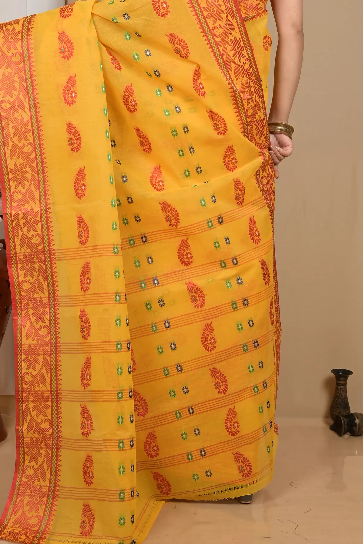DipDiya Pure Cotton Yellow Red Achrol Timeless Elegance Tant Sarees
