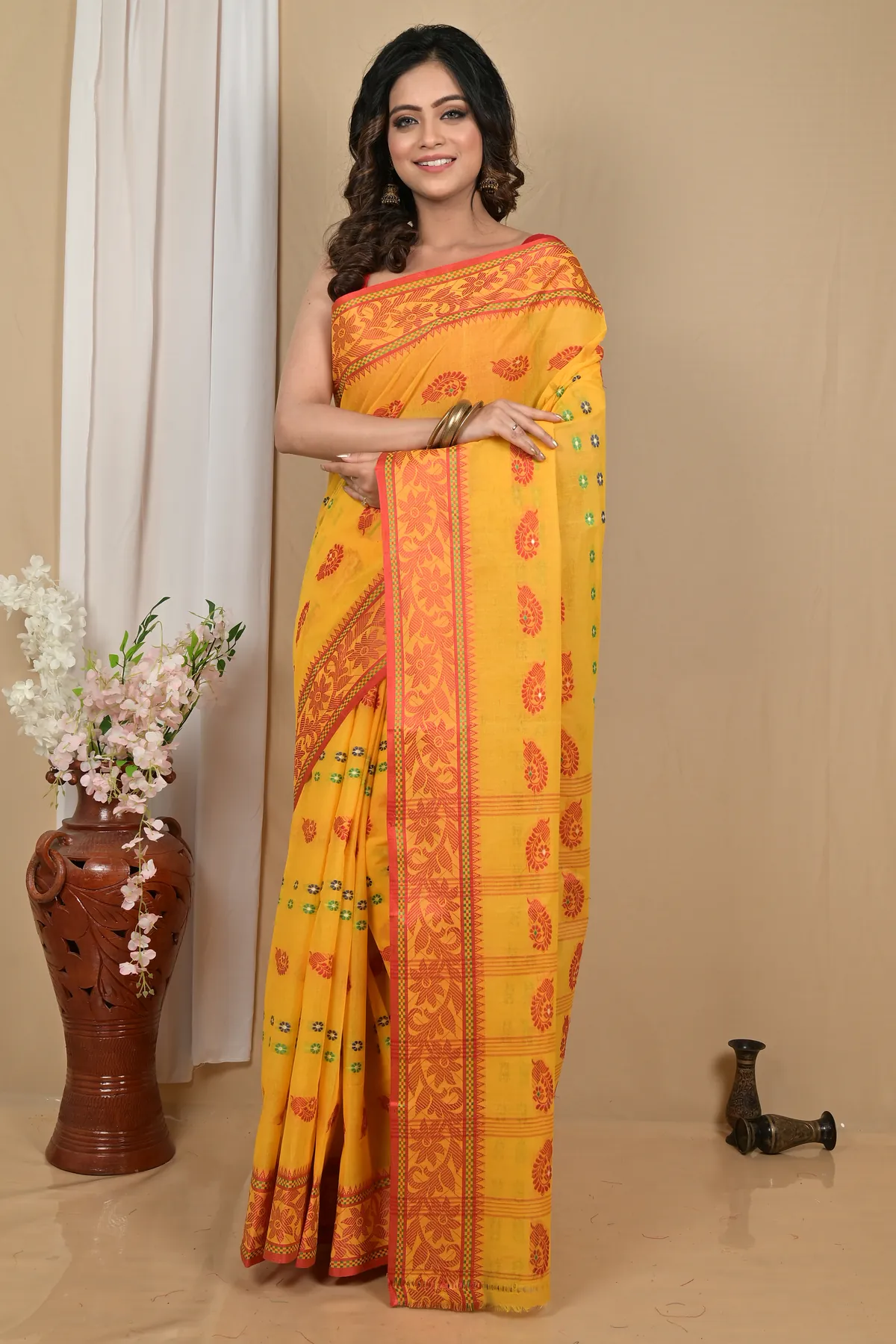 DipDiya Pure Cotton Yellow Red Achrol Timeless Elegance Tant Sarees