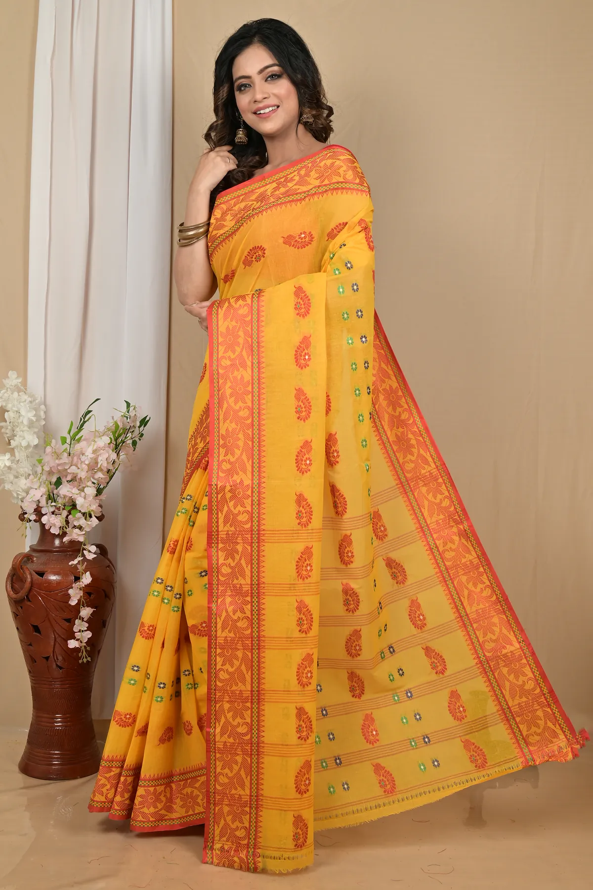 DipDiya Pure Cotton Yellow Red Achrol Timeless Elegance Tant Sarees