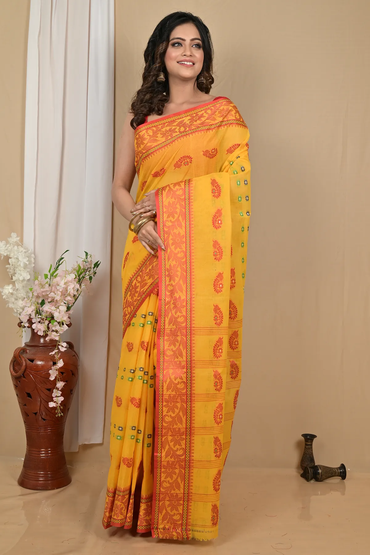DipDiya Pure Cotton Yellow Red Achrol Timeless Elegance Tant Sarees