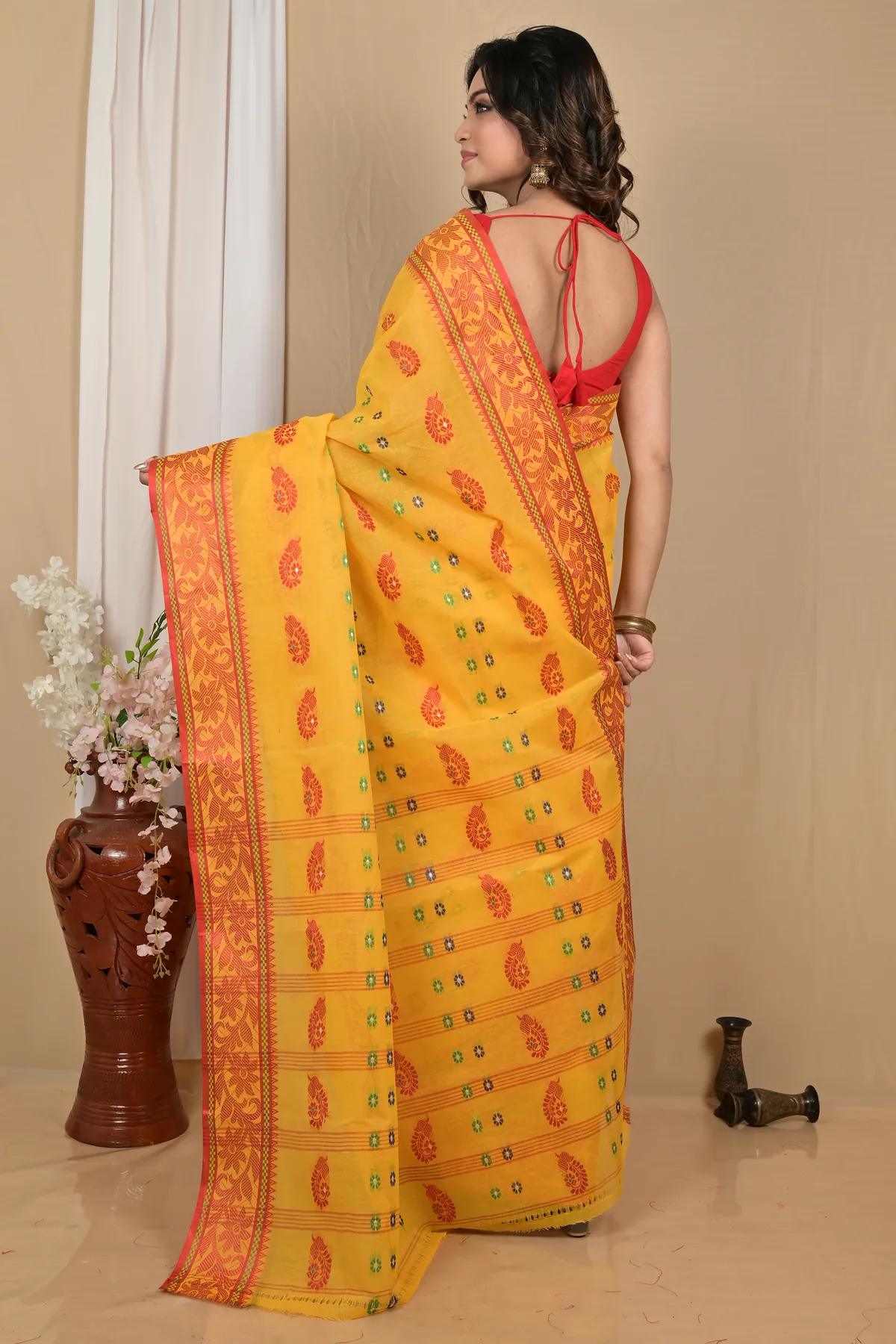 DipDiya Pure Cotton Yellow Red Achrol Timeless Elegance Tant Sarees