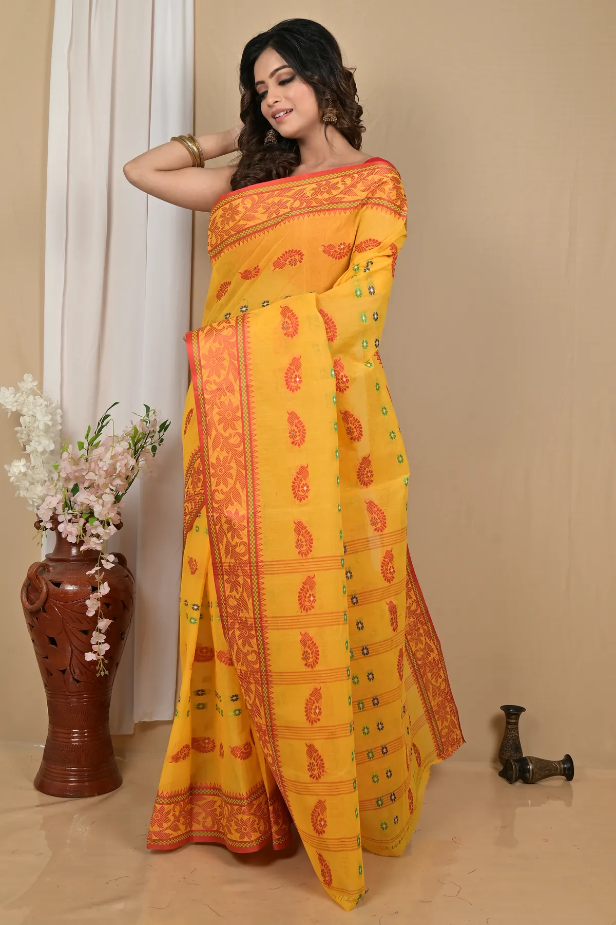 DipDiya Pure Cotton Yellow Red Achrol Timeless Elegance Tant Sarees