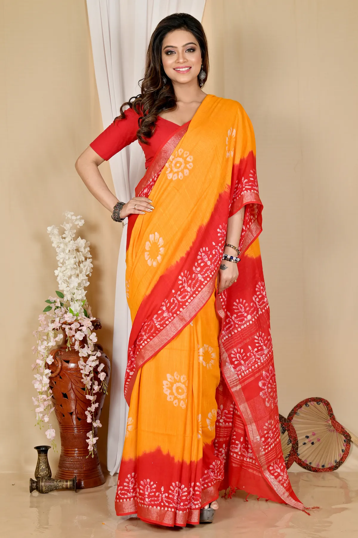 DipDiya Pure Cotton Yellow Red Batika Crafted by Artisans Batik Print Sarees