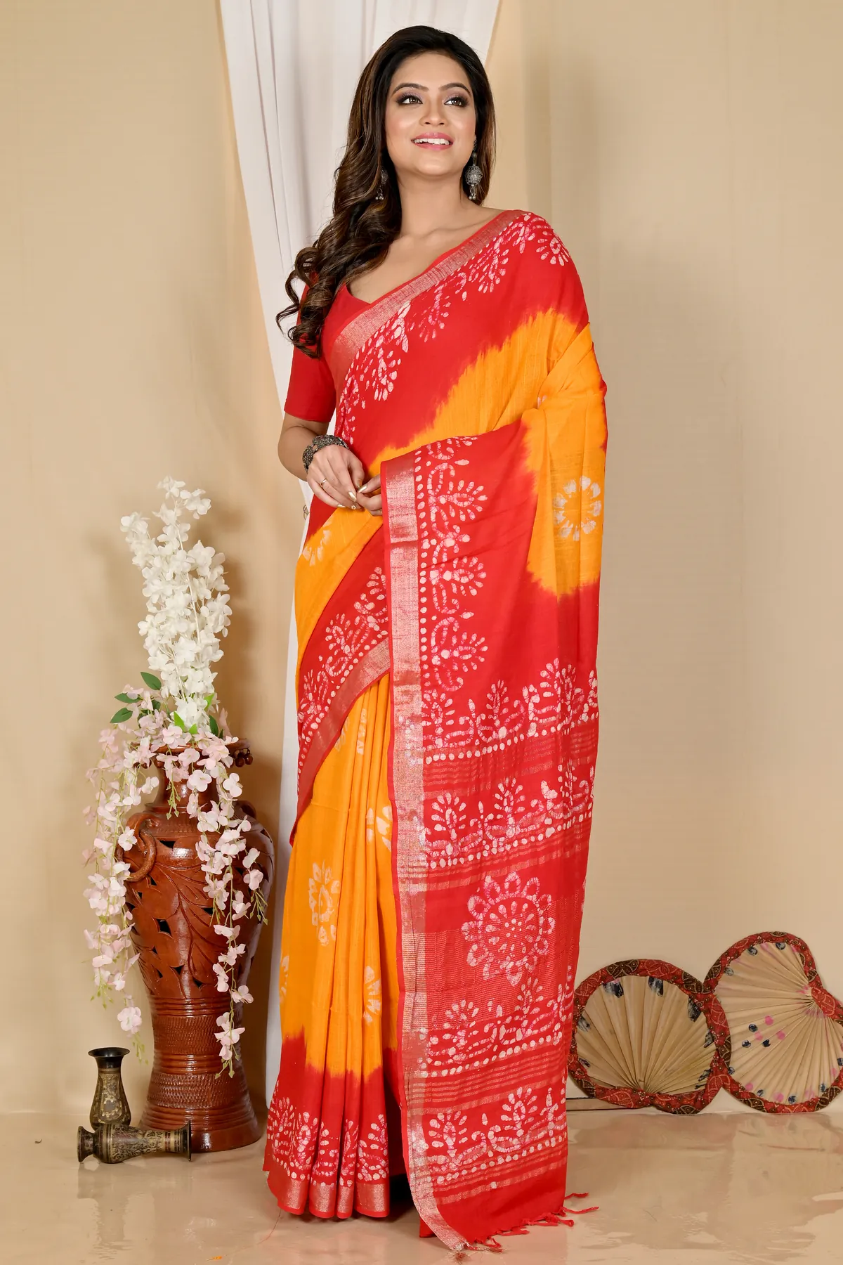 DipDiya Pure Cotton Yellow Red Batika Crafted by Artisans Batik Print Sarees