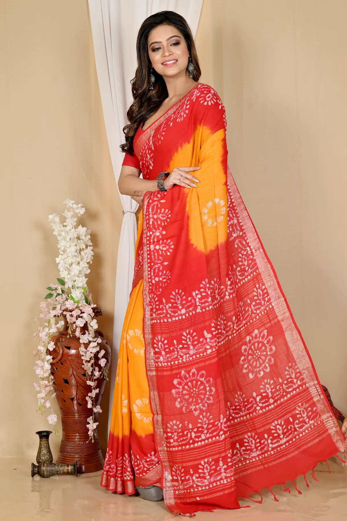 DipDiya Pure Cotton Yellow Red Batika Crafted by Artisans Batik Print Sarees