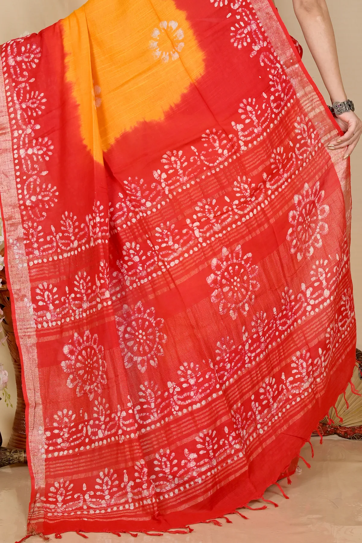 DipDiya Pure Cotton Yellow Red Batika Crafted by Artisans Batik Print Sarees