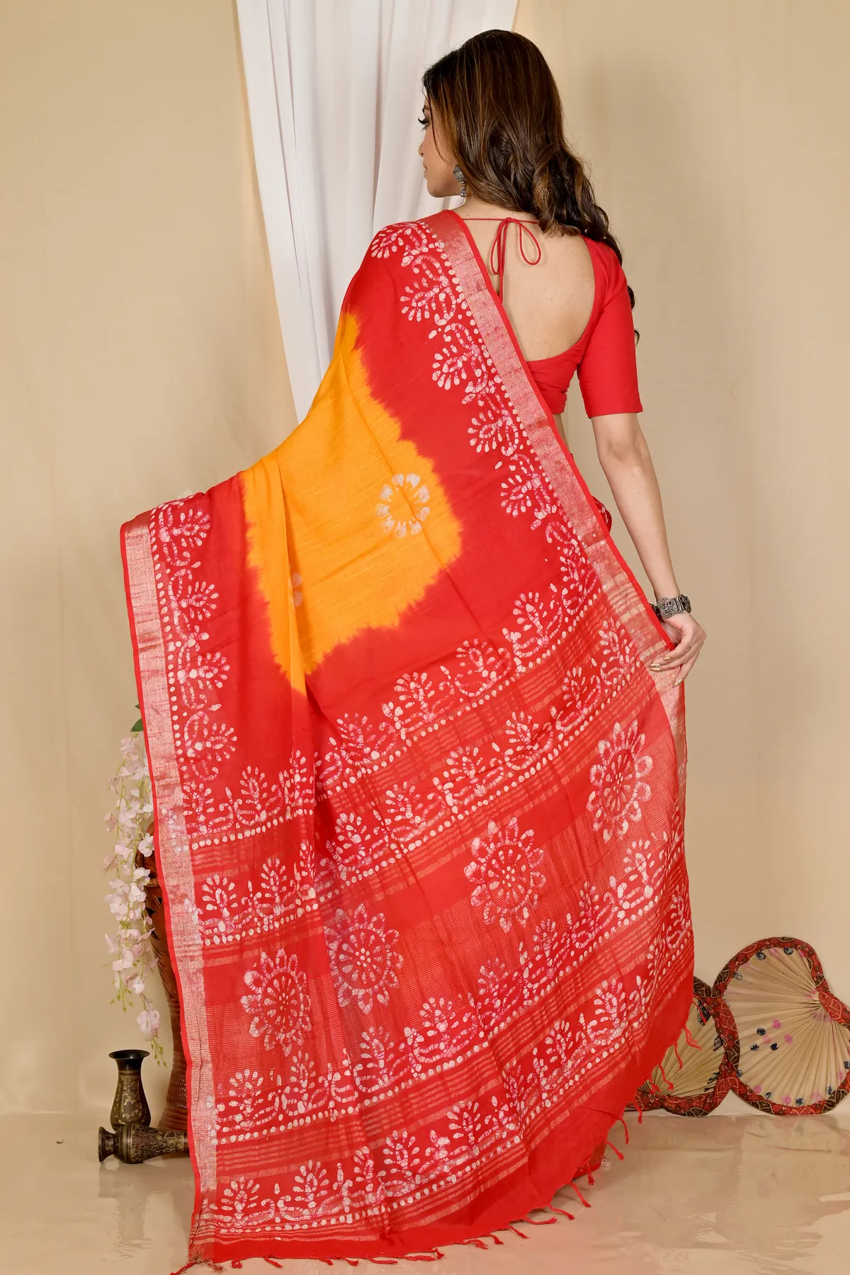 DipDiya Pure Cotton Yellow Red Batika Crafted by Artisans Batik Print Sarees