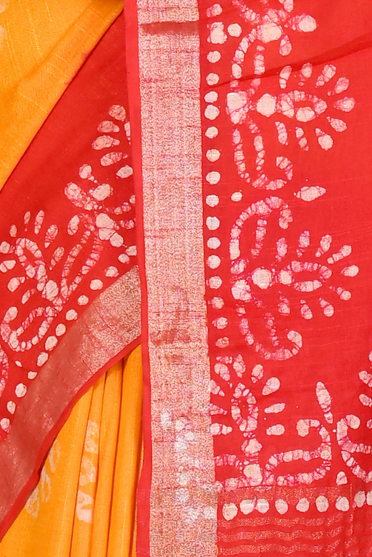DipDiya Pure Cotton Yellow Red Batika Crafted by Artisans Batik Print Sarees