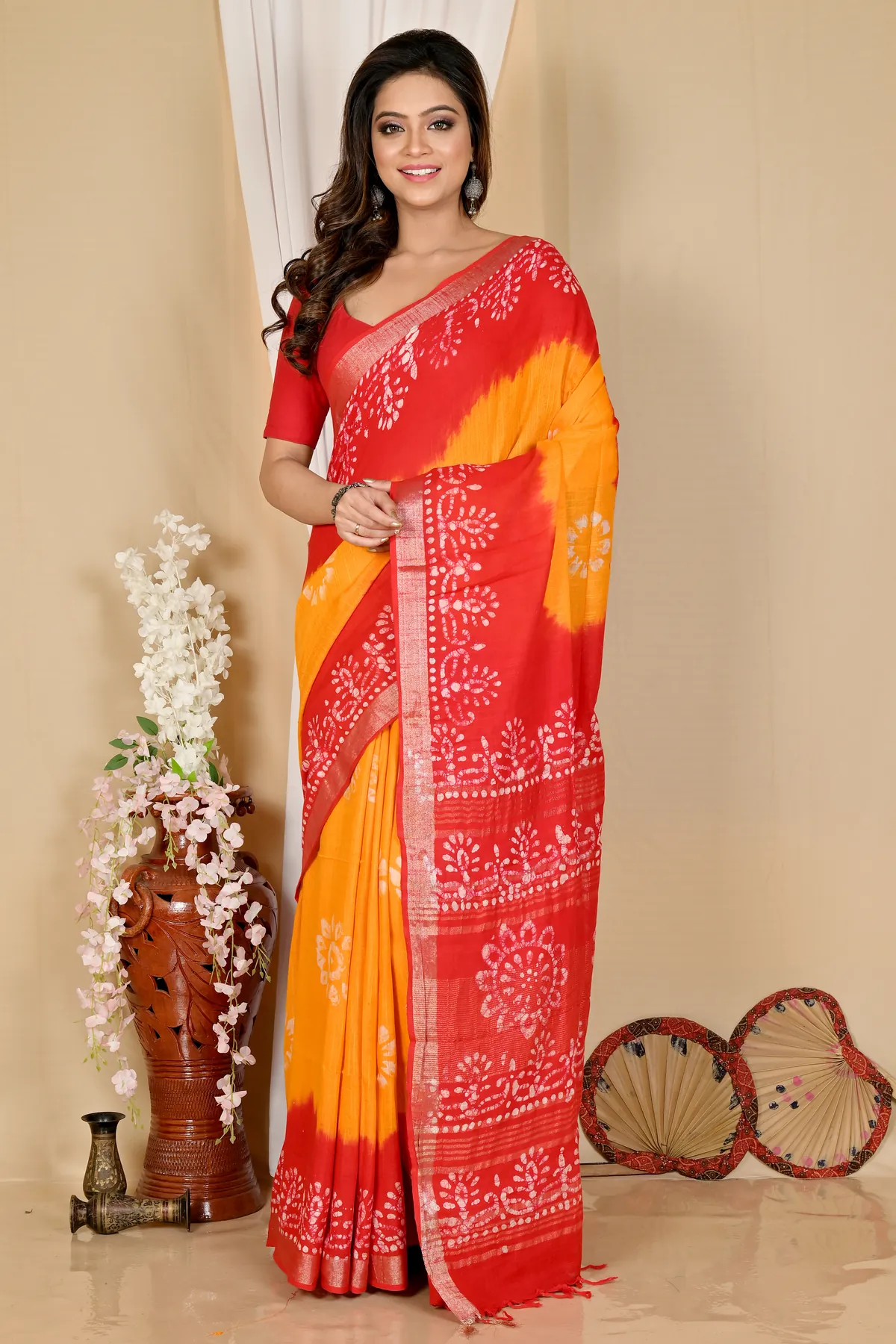 DipDiya Pure Cotton Yellow Red Batika Crafted by Artisans Batik Print Sarees