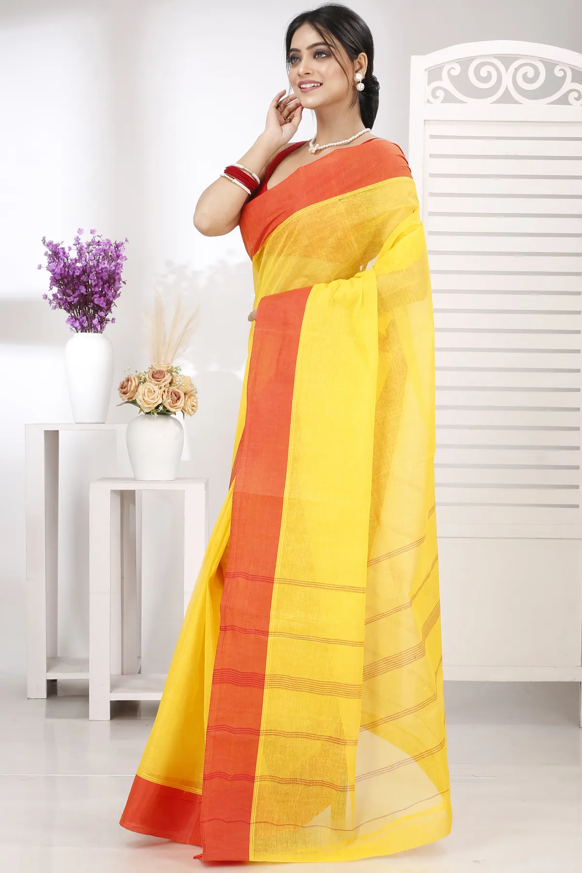 DipDiya Pure Cotton Yellow Red Elu Than Bengal’s Tradition Tant Sarees