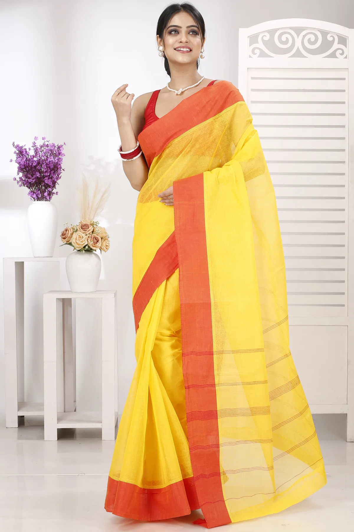 DipDiya Pure Cotton Yellow Red Elu Than Bengal’s Tradition Tant Sarees