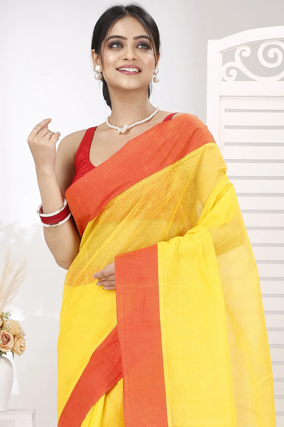 DipDiya Pure Cotton Yellow Red Elu Than Bengal’s Tradition Tant Sarees