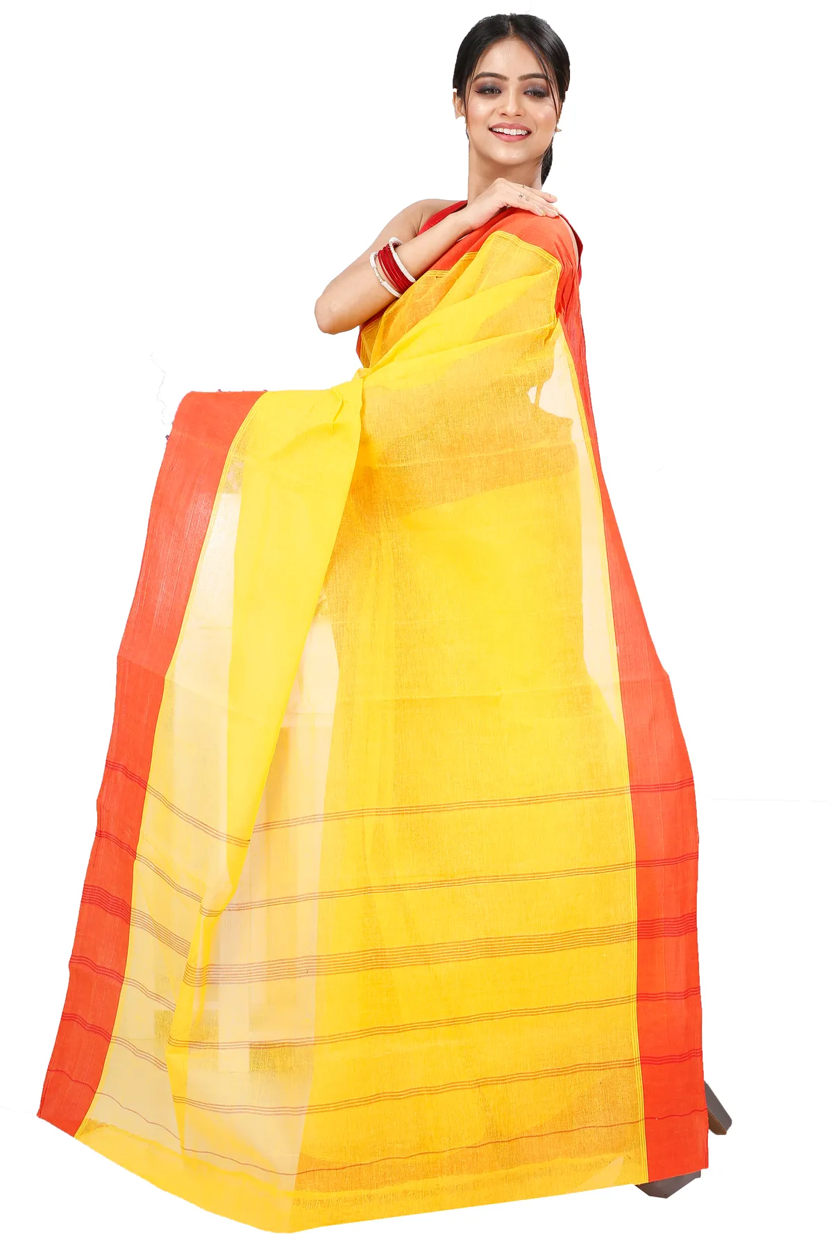 DipDiya Pure Cotton Yellow Red Elu Than Bengal’s Tradition Tant Sarees