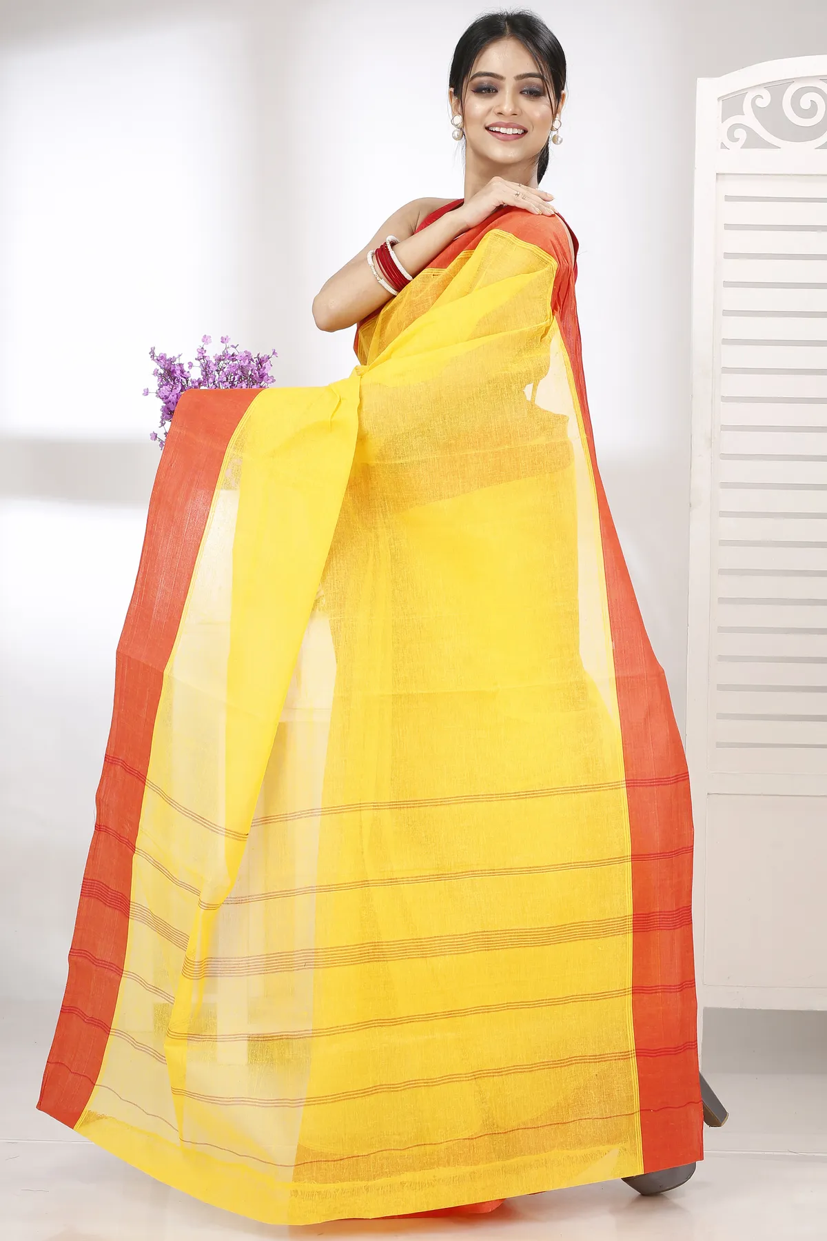 DipDiya Pure Cotton Yellow Red Elu Than Bengal’s Tradition Tant Sarees