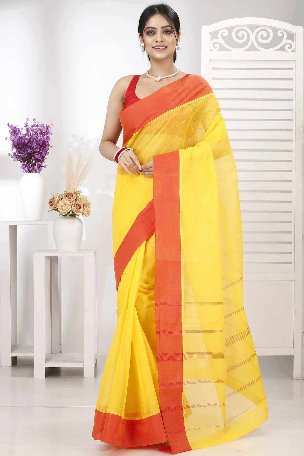 DipDiya Pure Cotton Yellow Red Elu Than Bengal’s Tradition Tant Sarees