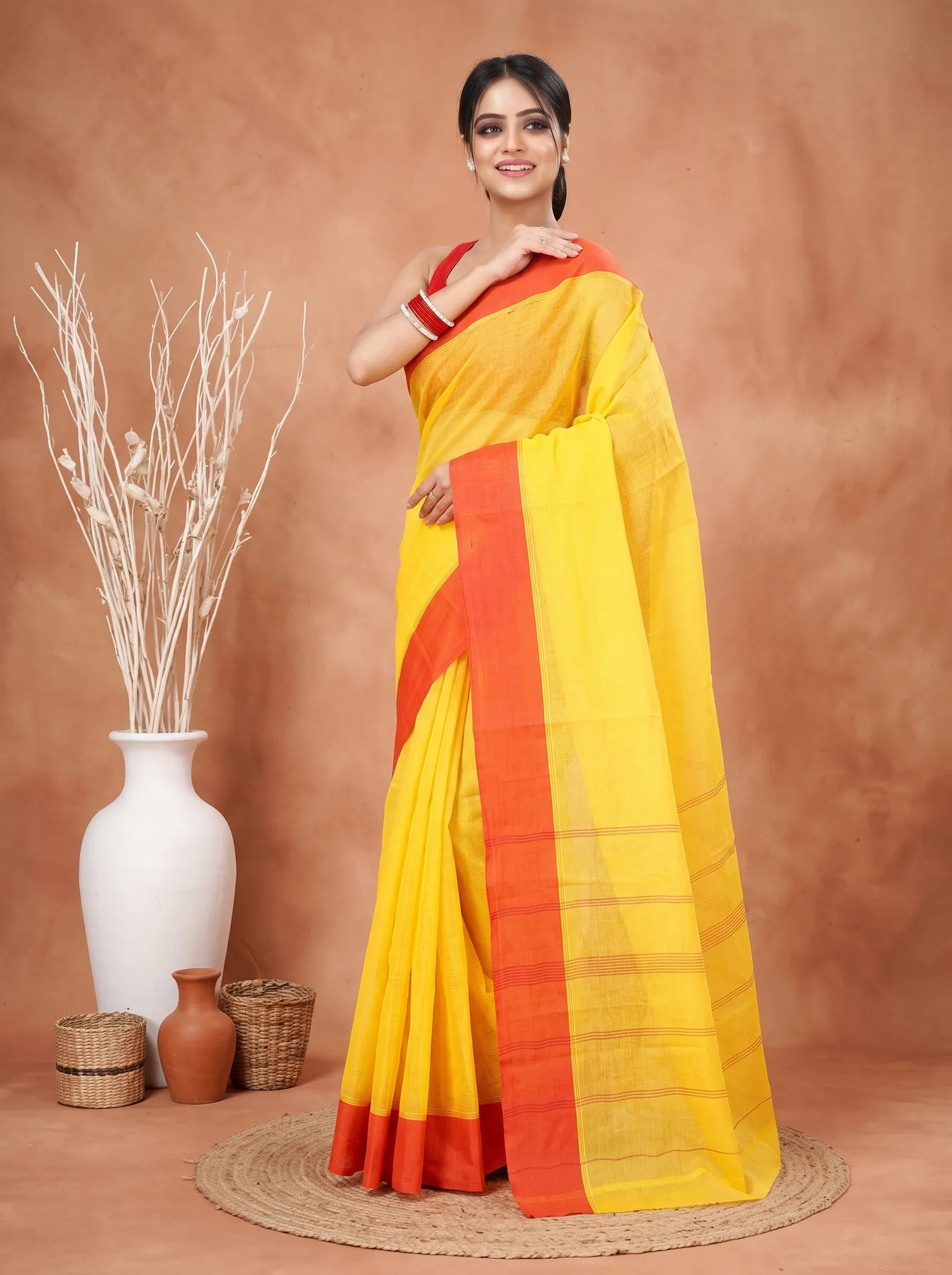 DipDiya Pure Cotton Yellow Red Elu Than Bengal’s Tradition Tant Sarees
