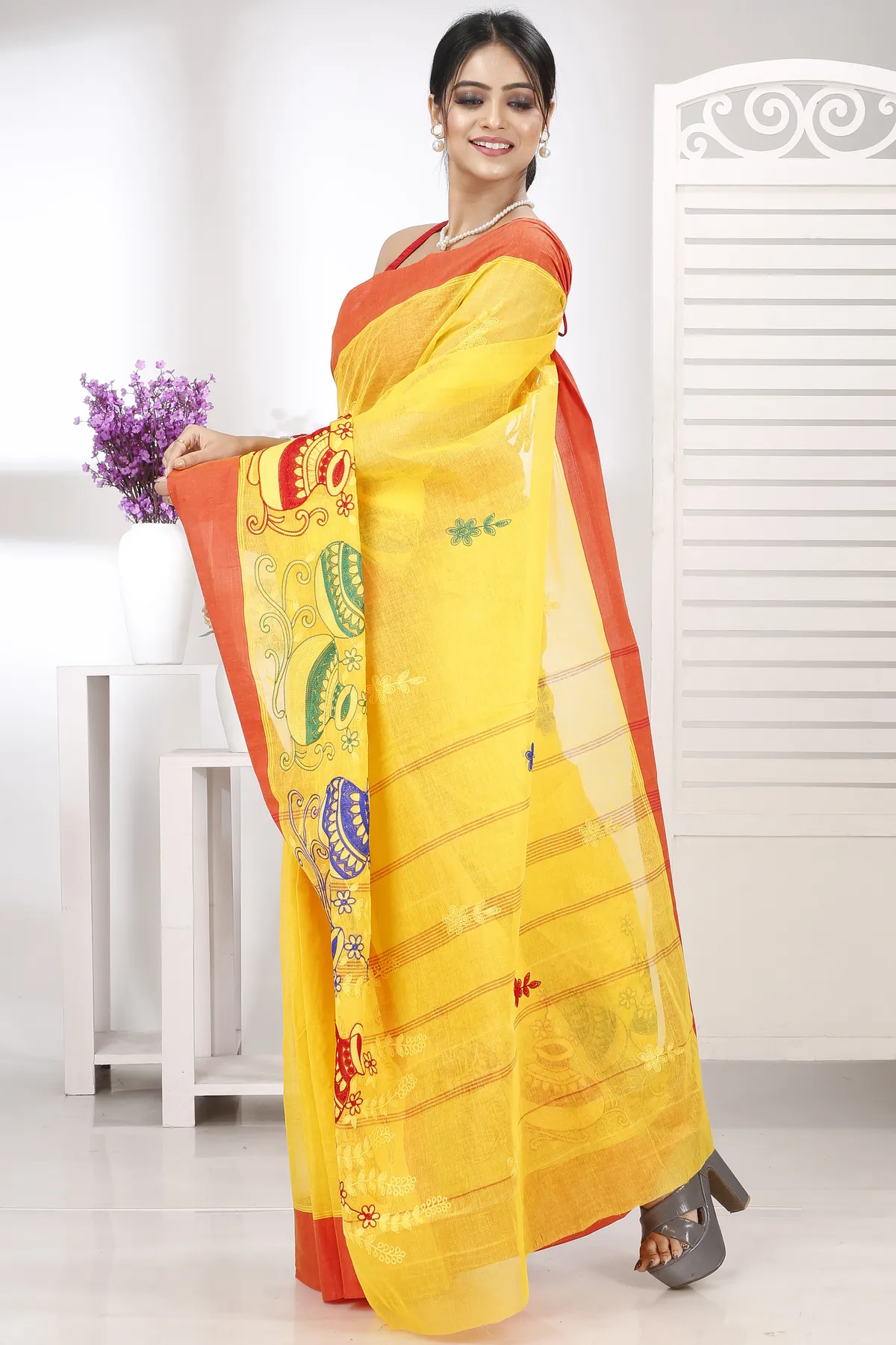 DipDiya Pure Cotton Yellow Red Embi Elu Ghot Bengal in Every Thread Embroidery Tant Sarees