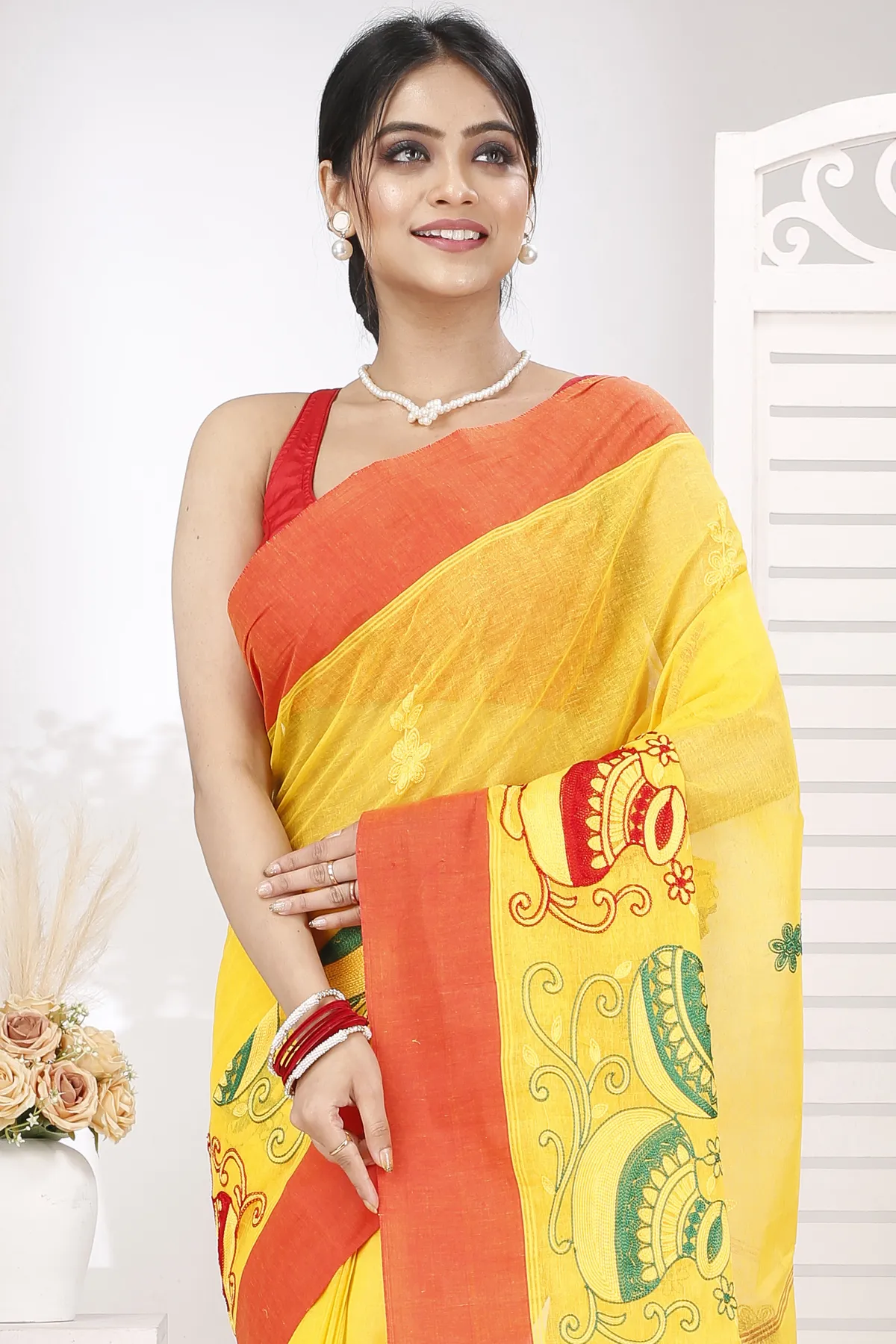 DipDiya Pure Cotton Yellow Red Embi Elu Ghot Bengal in Every Thread Embroidery Tant Sarees