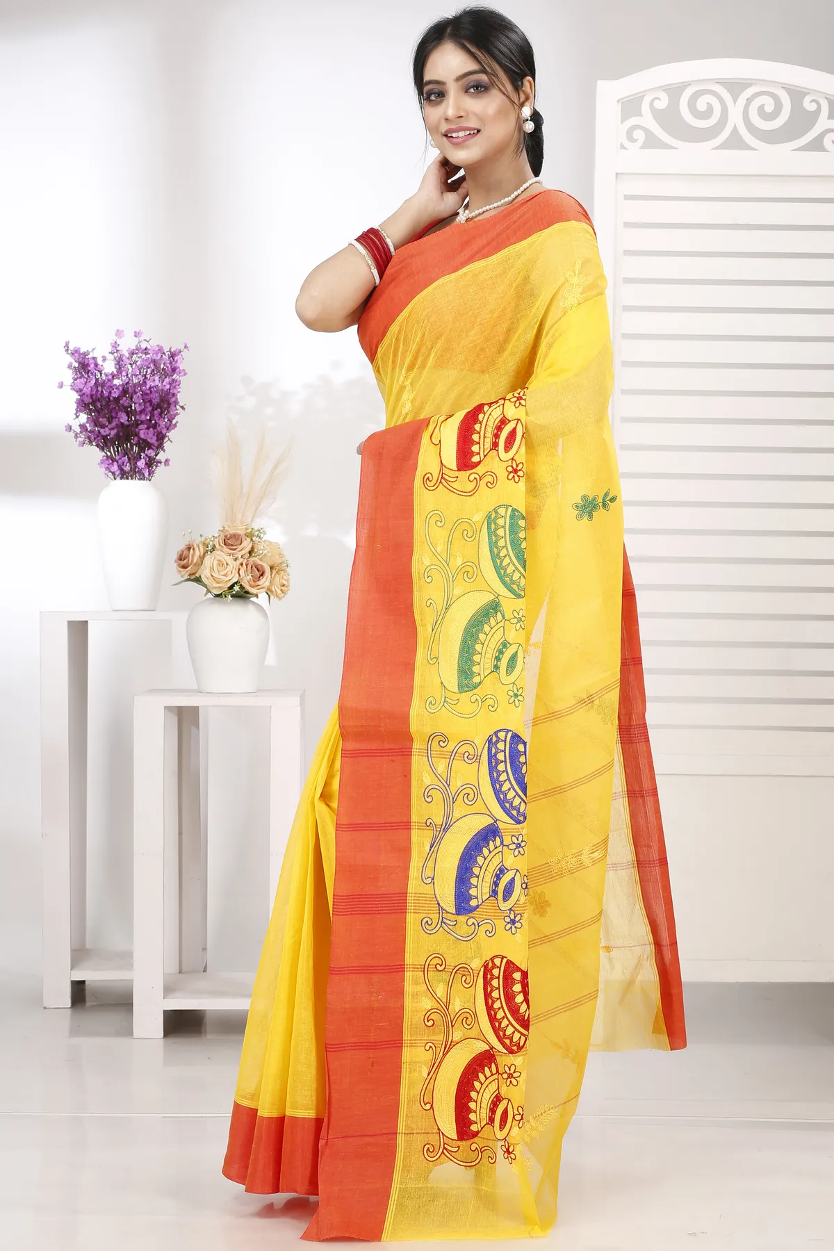 DipDiya Pure Cotton Yellow Red Embi Elu Ghot Bengal in Every Thread Embroidery Tant Sarees