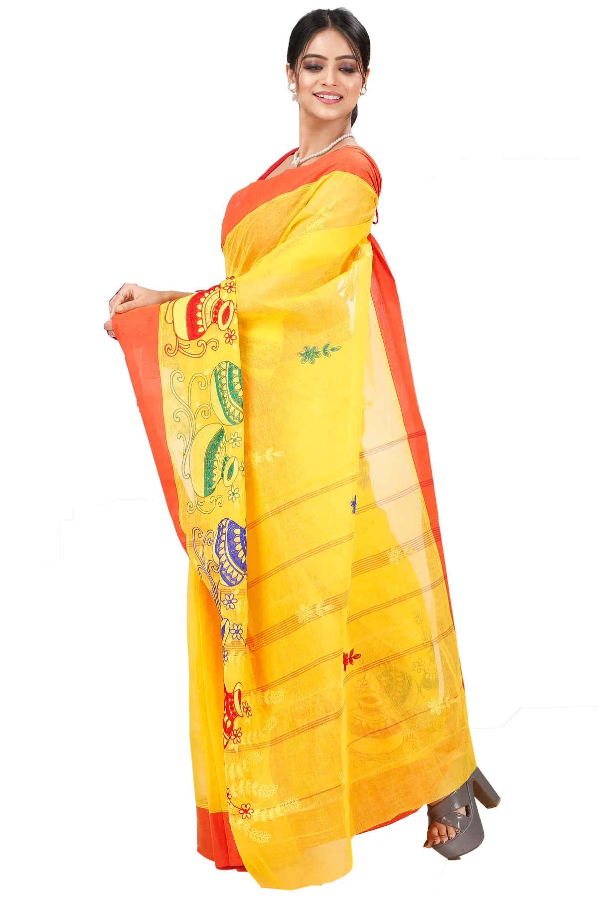 DipDiya Pure Cotton Yellow Red Embi Elu Ghot Bengal in Every Thread Embroidery Tant Sarees